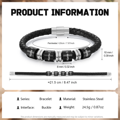 Bracelet en Cuir personnalisé 4 Prénoms gravés - Cadeau pour Homme | Jessemade