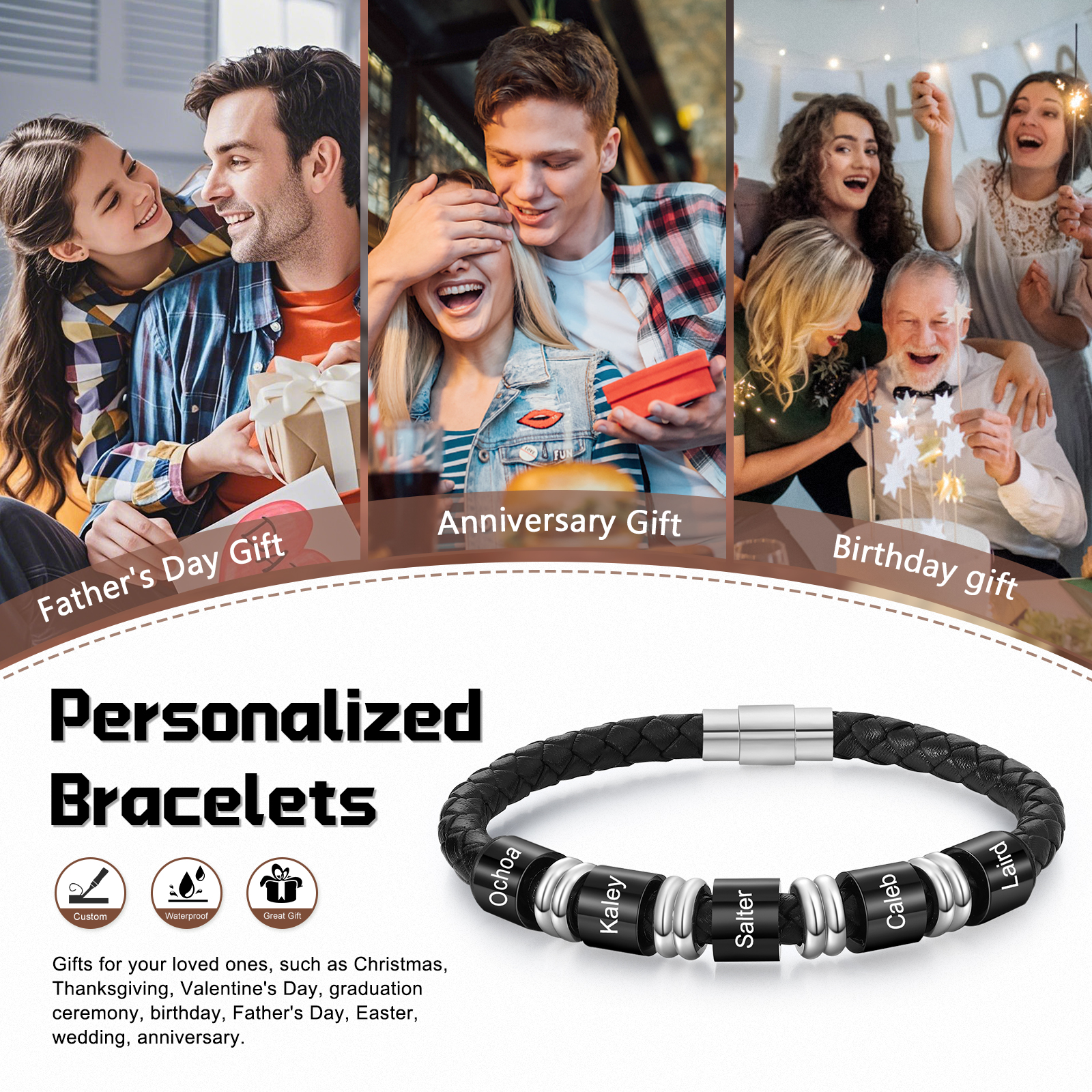 Bracelet en Cuir personnalisé 5 Prénoms gravés - Cadeau pour Homme | Jessemade