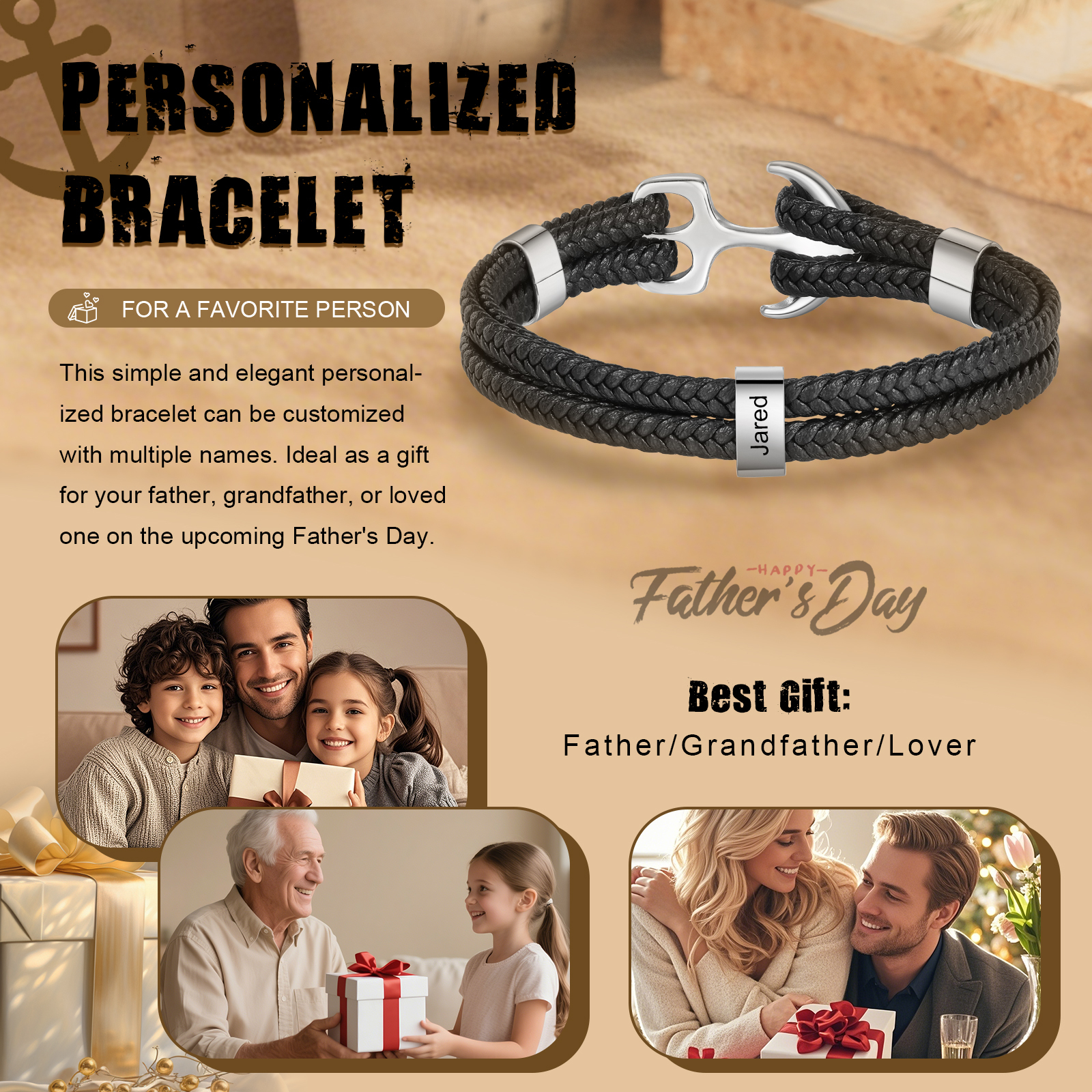 Bracele personnalisé ancre en Acier avec 1 Prénom gravé - Cadeau pour Homme  | Jessemade