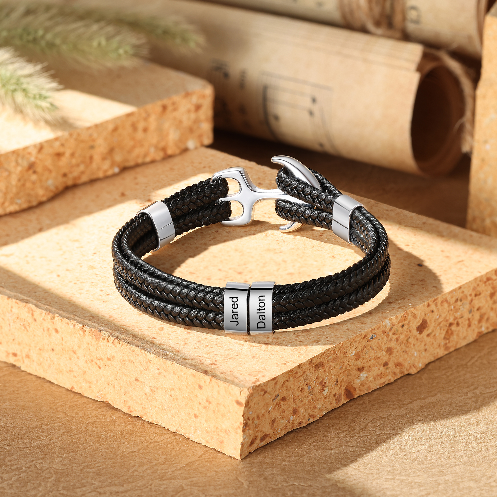 Bracelet personnalisé ancre en Acier avec 2 Prénoms gravés - Cadeau pour Homme  | Jessemade