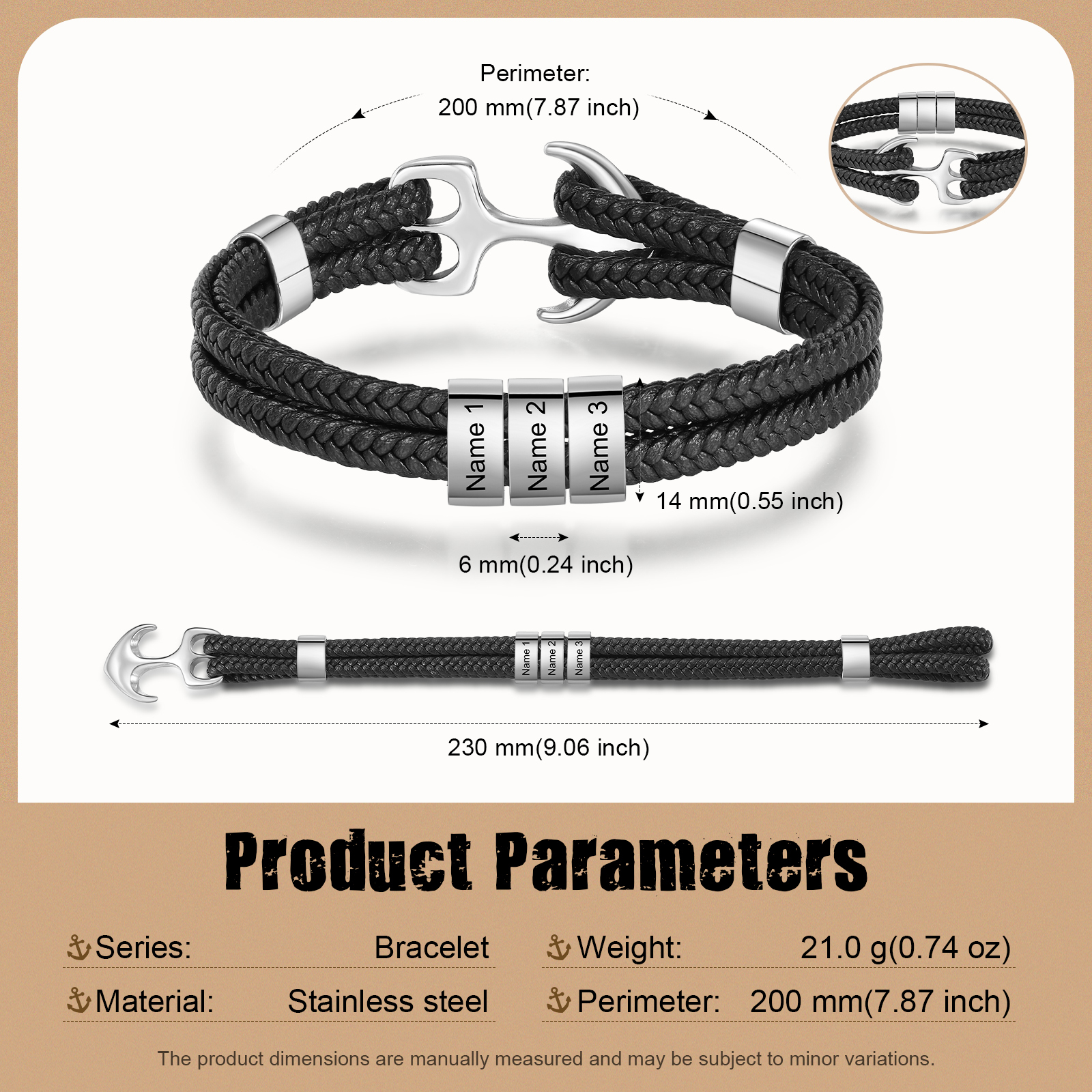 Bracelet personnalisé ancre en Acier avec 3 Prénoms gravés - Cadeau pour Homme  | Jessemade