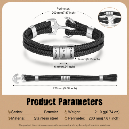 Bracelet personnalisé ancre en Acier avec 3 Prénoms gravés - Cadeau pour Homme  | Jessemade