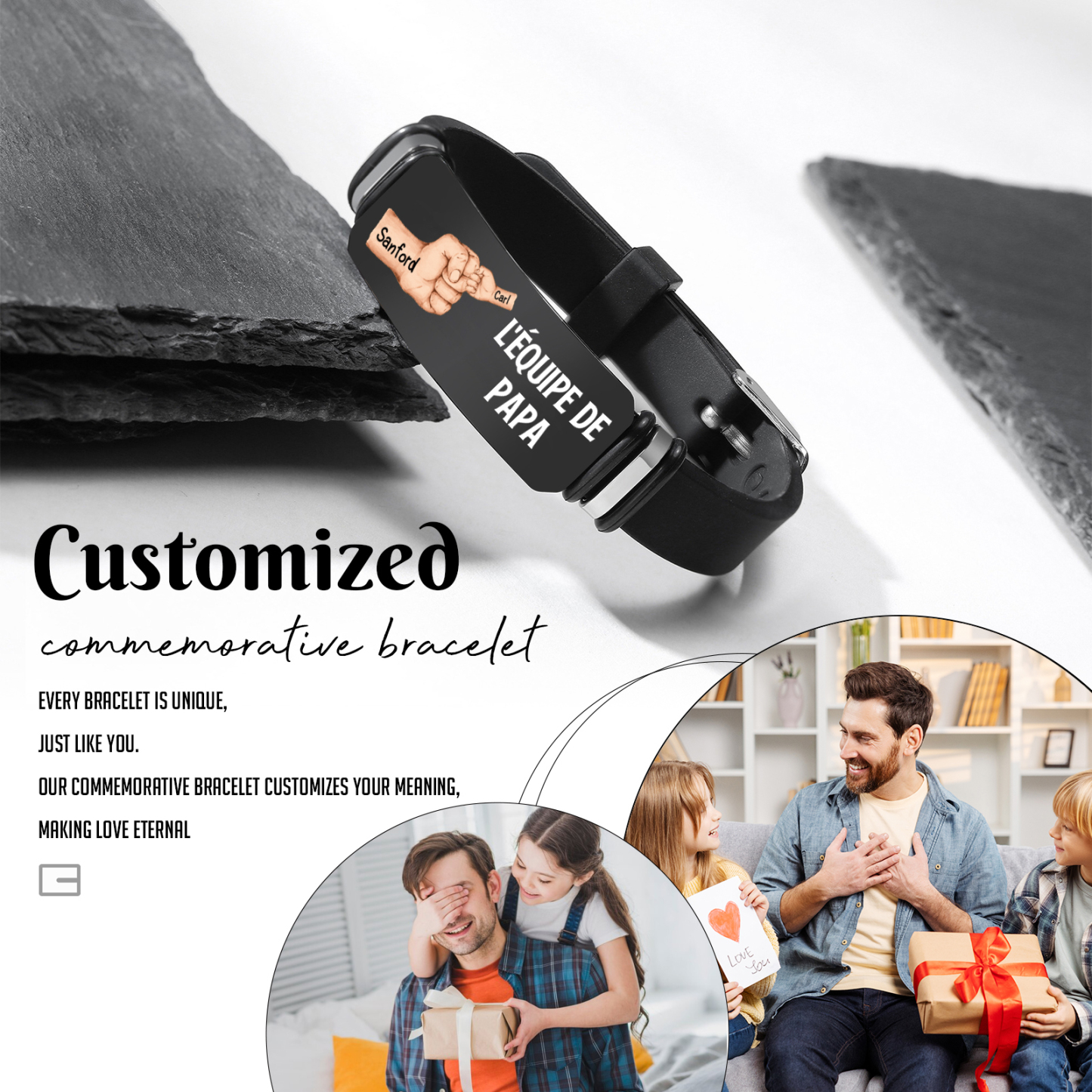 À Papa/Papi - Bracelet Poing Personnalisé avec 2 Prénoms et 1 Texte Cadeau pour Papa/Papy | Jessemade