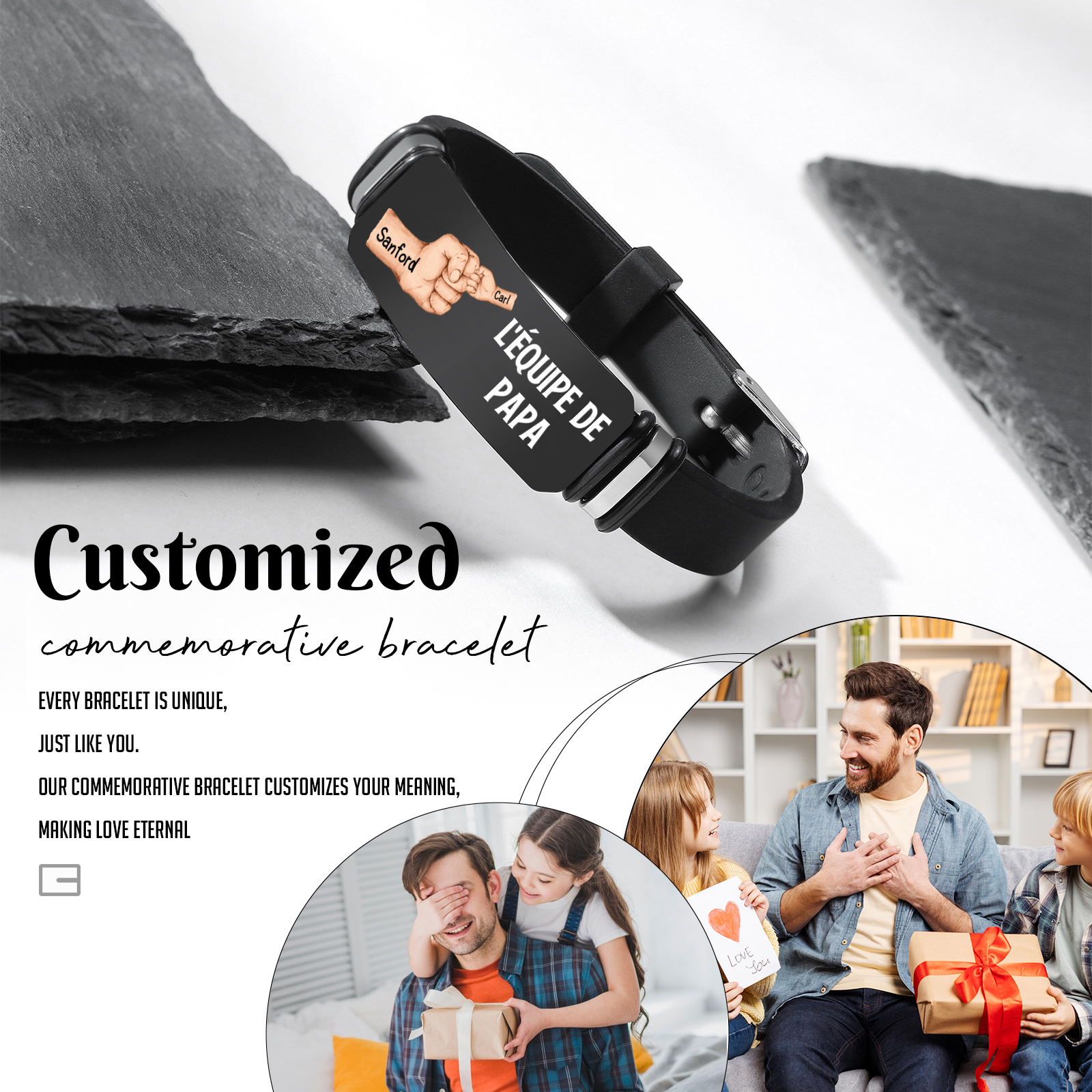 À Papa/Papi - Bracelet Poing Personnalisé avec 2 Prénoms et 1 Texte Cadeau pour Papa/Papy | Jessemade