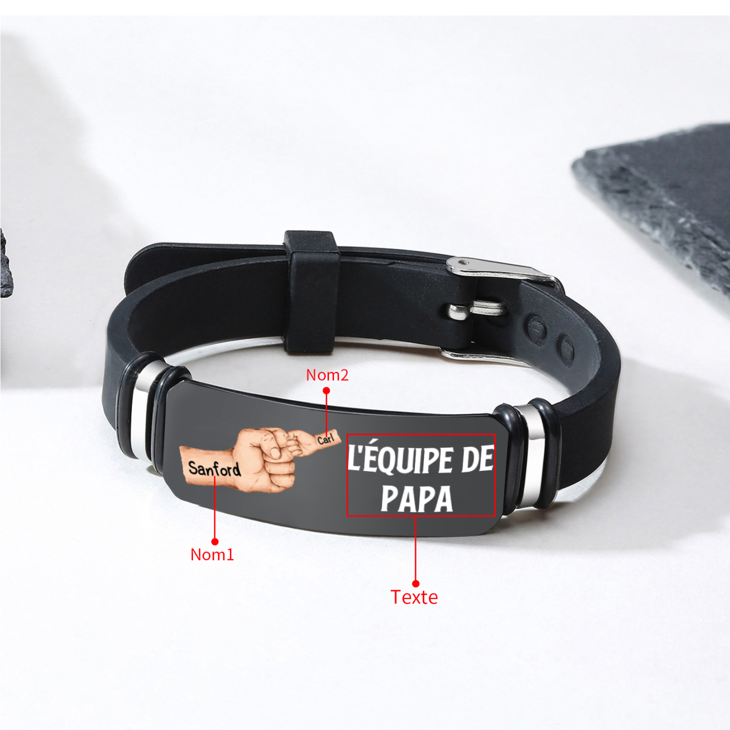 À Papa/Papi - Bracelet Poing Personnalisé avec 2 Prénoms et 1 Texte Cadeau pour Papa/Papy | Jessemade