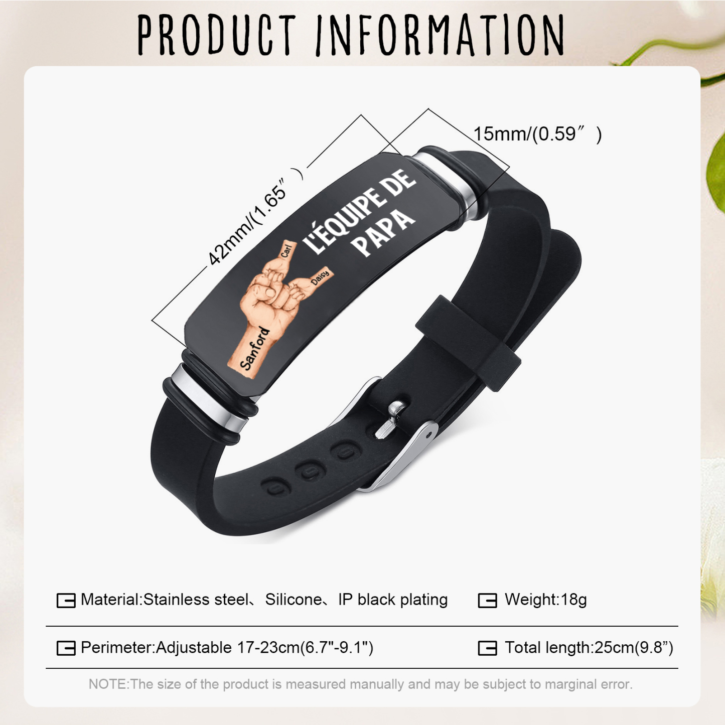À Papa/Papi - Bracelet Poing Personnalisé avec 3 Prénoms et 1 Texte Cadeau pour Papa/Papy | Jessemade