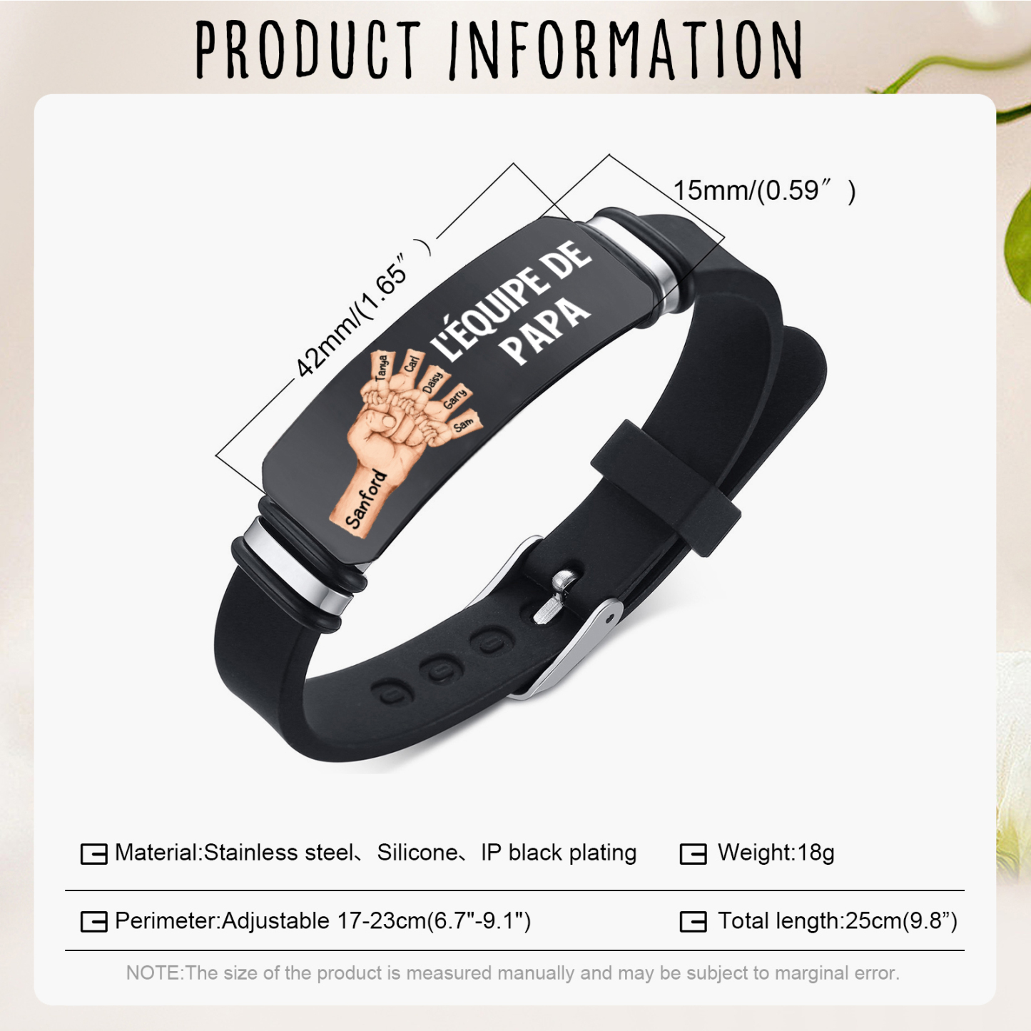 À Papa/Papi - Bracelet Poing Personnalisé avec 6 Prénoms et 1 Texte Cadeau pour Papa/Papy | Jessemade