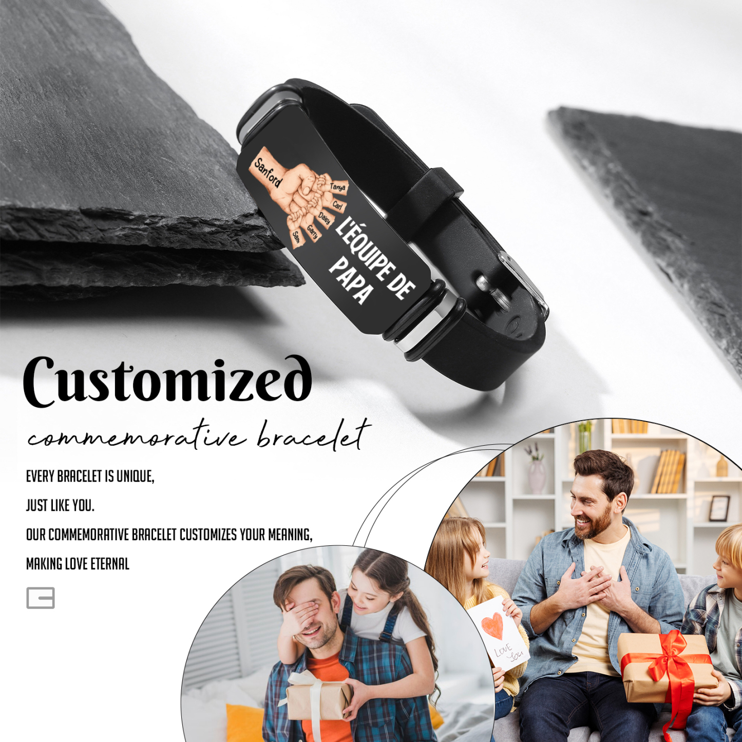 À Papa/Papi - Bracelet Poing Personnalisé avec 6 Prénoms et 1 Texte Cadeau pour Papa/Papy | Jessemade