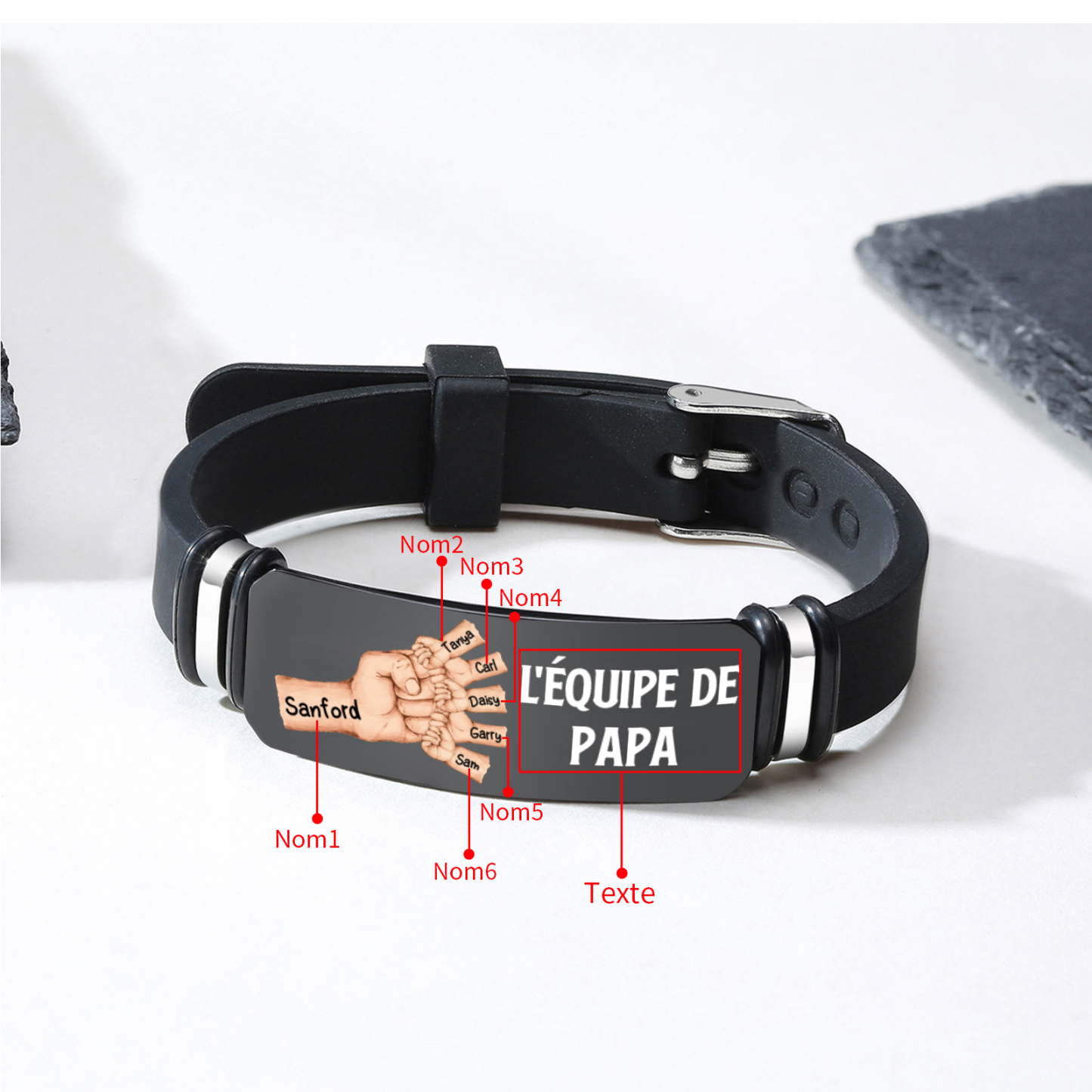 À Papa/Papi - Bracelet Poing Personnalisé avec 6 Prénoms et 1 Texte Cadeau pour Papa/Papy | Jessemade