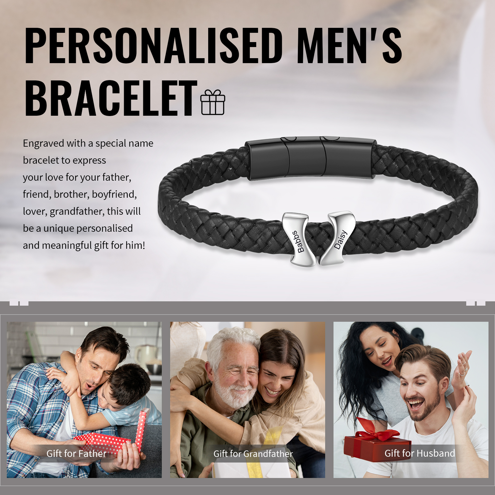 Bracelet à Personnaliser avec 2 Noms en Acier Inoxydable - Cadeau pour Homme  | Jessemade