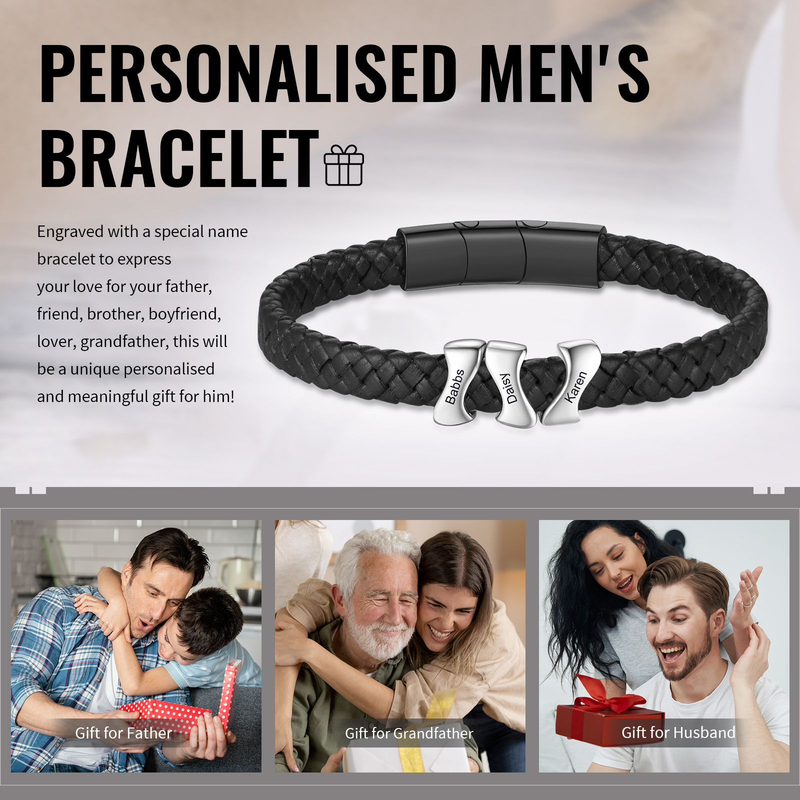 Bracelet à Personnaliser avec 3 Noms en Acier Inoxydable - Cadeau pour Homme  | Jessemade