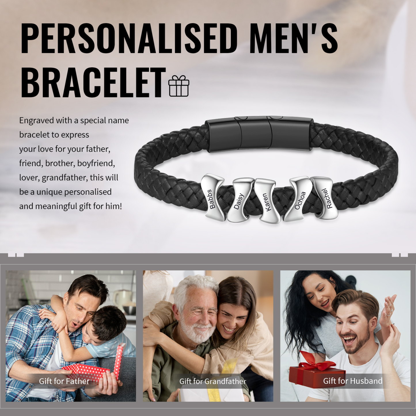 Bracelet à Personnaliser avec 5 Noms en Acier Inoxydable - Cadeau pour Homme  | Jessemade