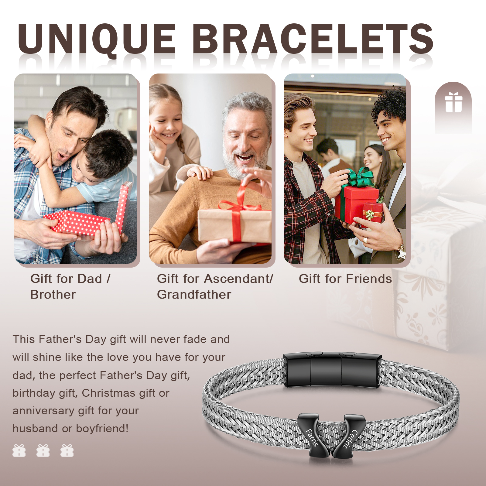 Bracelet en Acier Inoxydable à Personnaliser avec 2 Noms - Cadeau pour Homme  | Jessemade