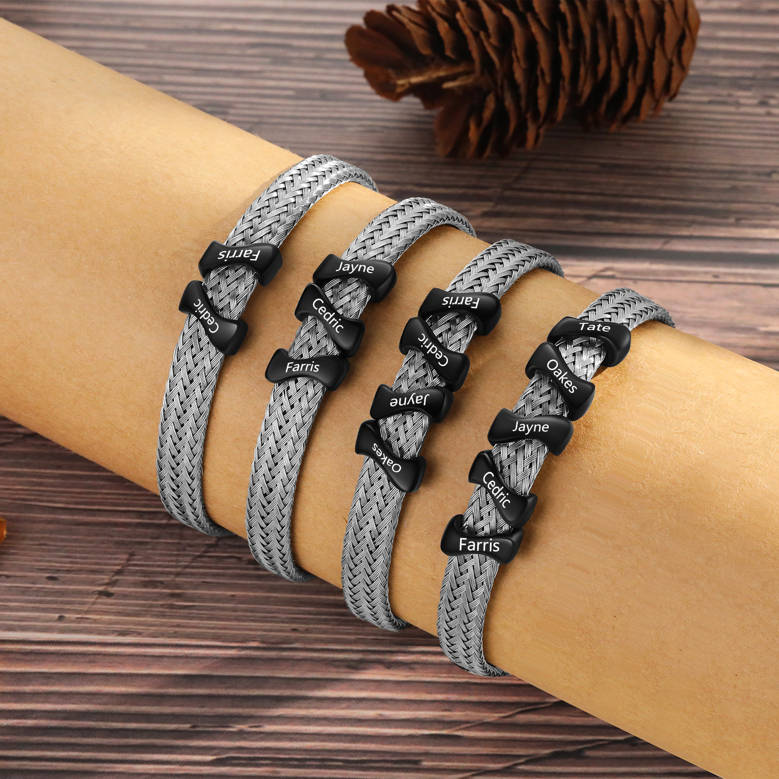 Bracelet en Acier Inoxydable à Personnaliser avec 3 Noms - Cadeau pour Homme  | Jessemade