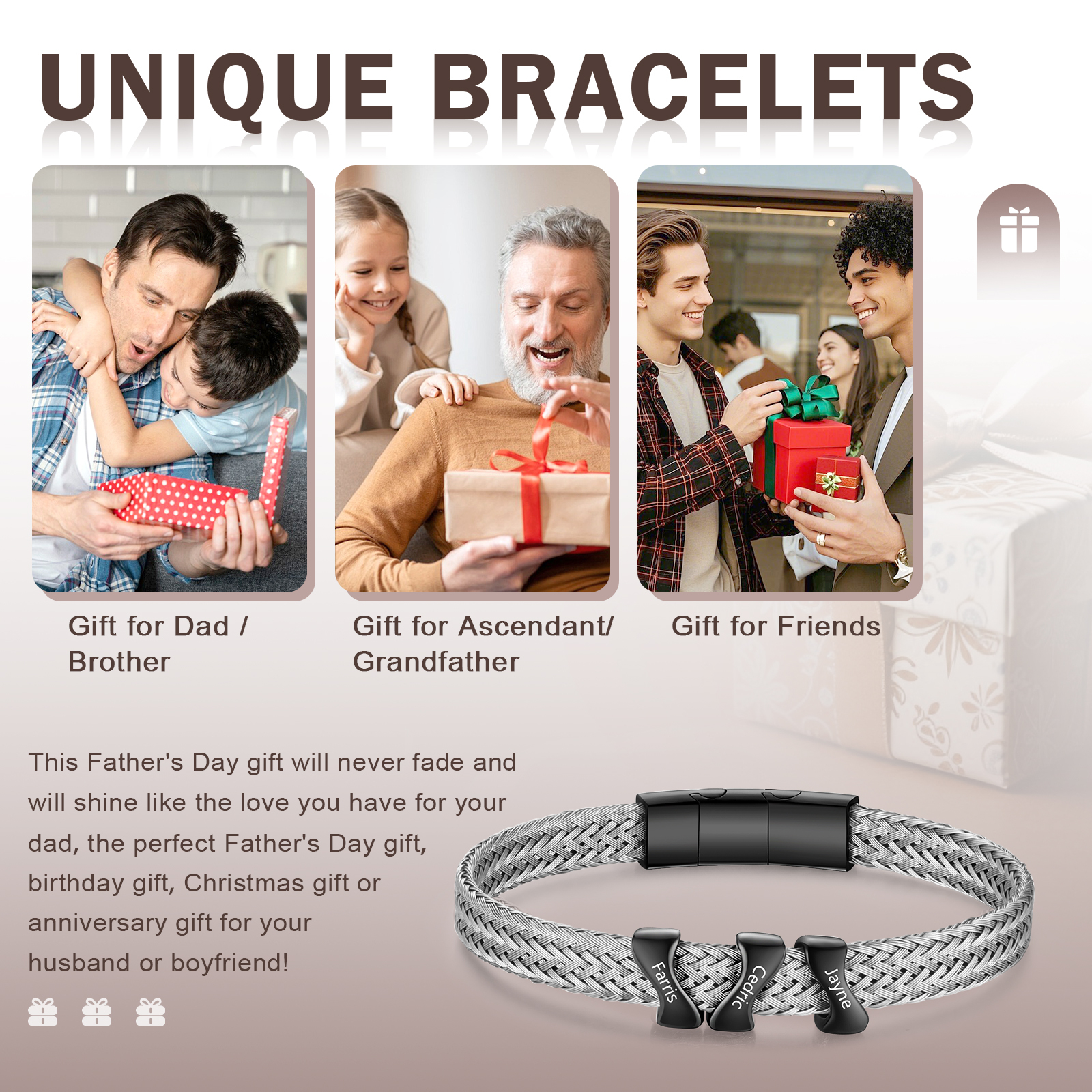 Bracelet en Acier Inoxydable à Personnaliser avec 3 Noms - Cadeau pour Homme  | Jessemade