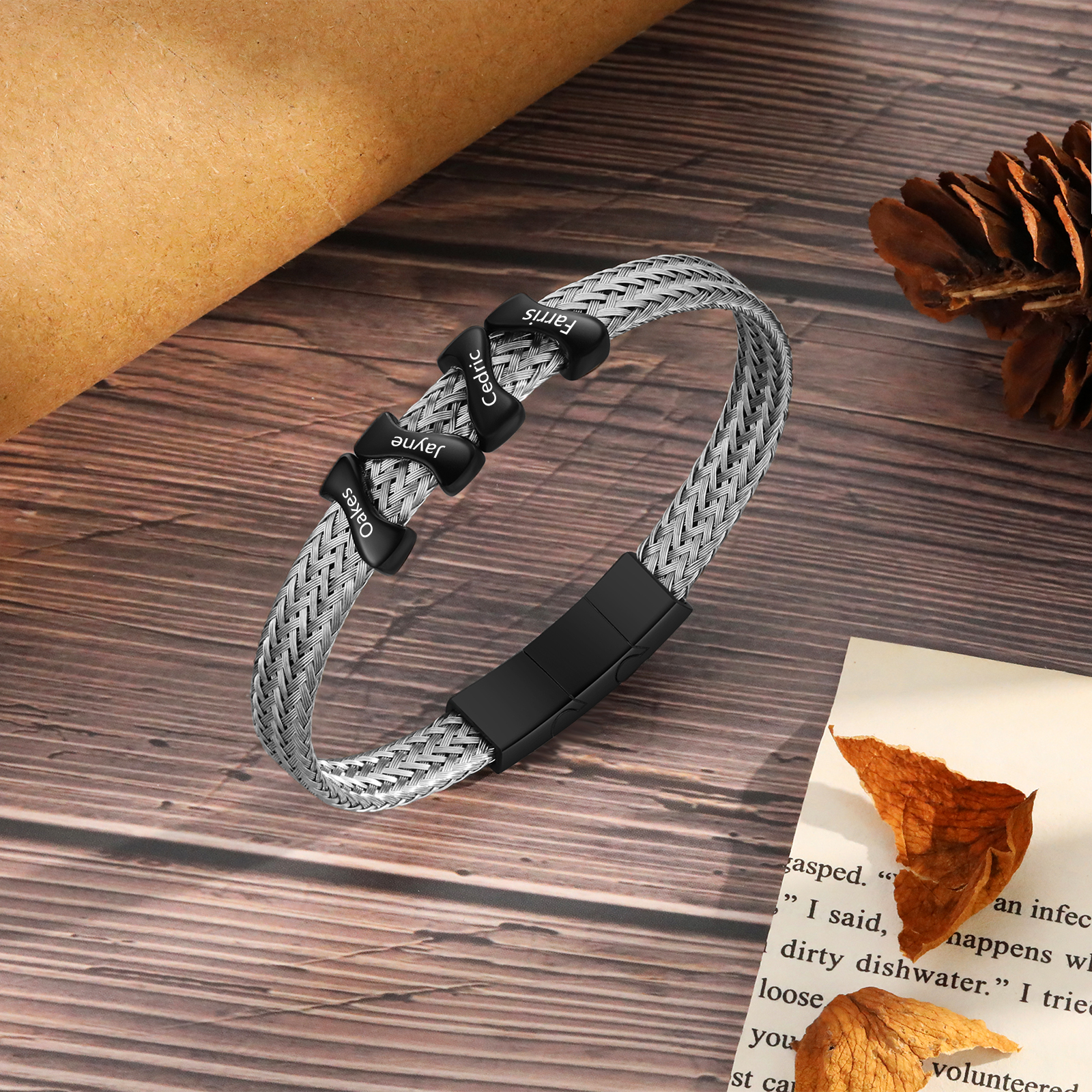 Bracelet en Acier Inoxydable à Personnaliser avec 4 Noms - Cadeau pour Homme  | Jessemade