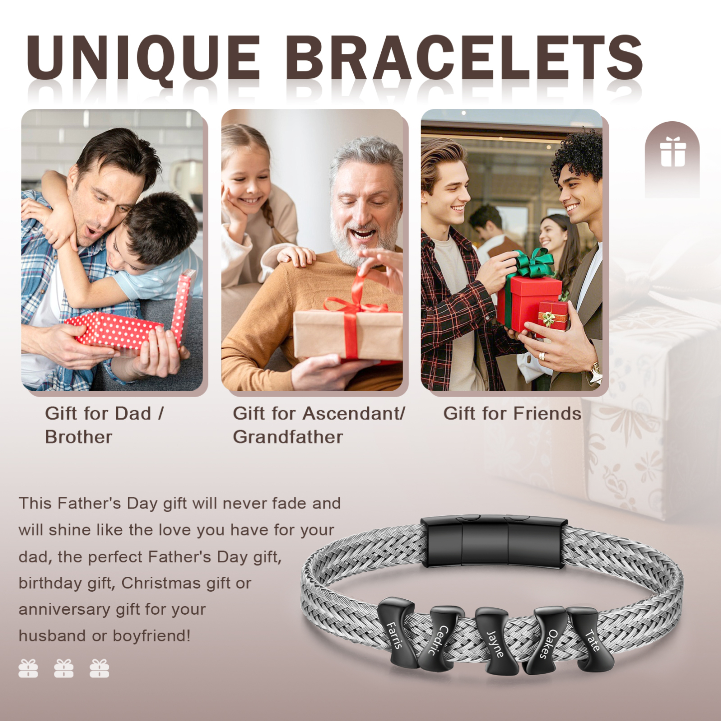 Bracelet en Acier Inoxydable à Personnaliser avec 5 Noms - Cadeau pour Homme  | Jessemade