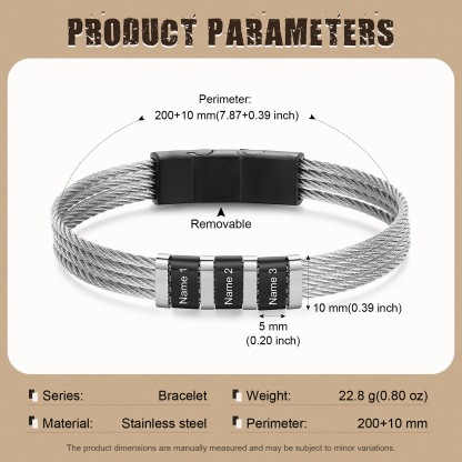 Bracelet Homme  Personnalisé avec Gravure de 3 Prénoms en Acier Inoxydable | Jessemade