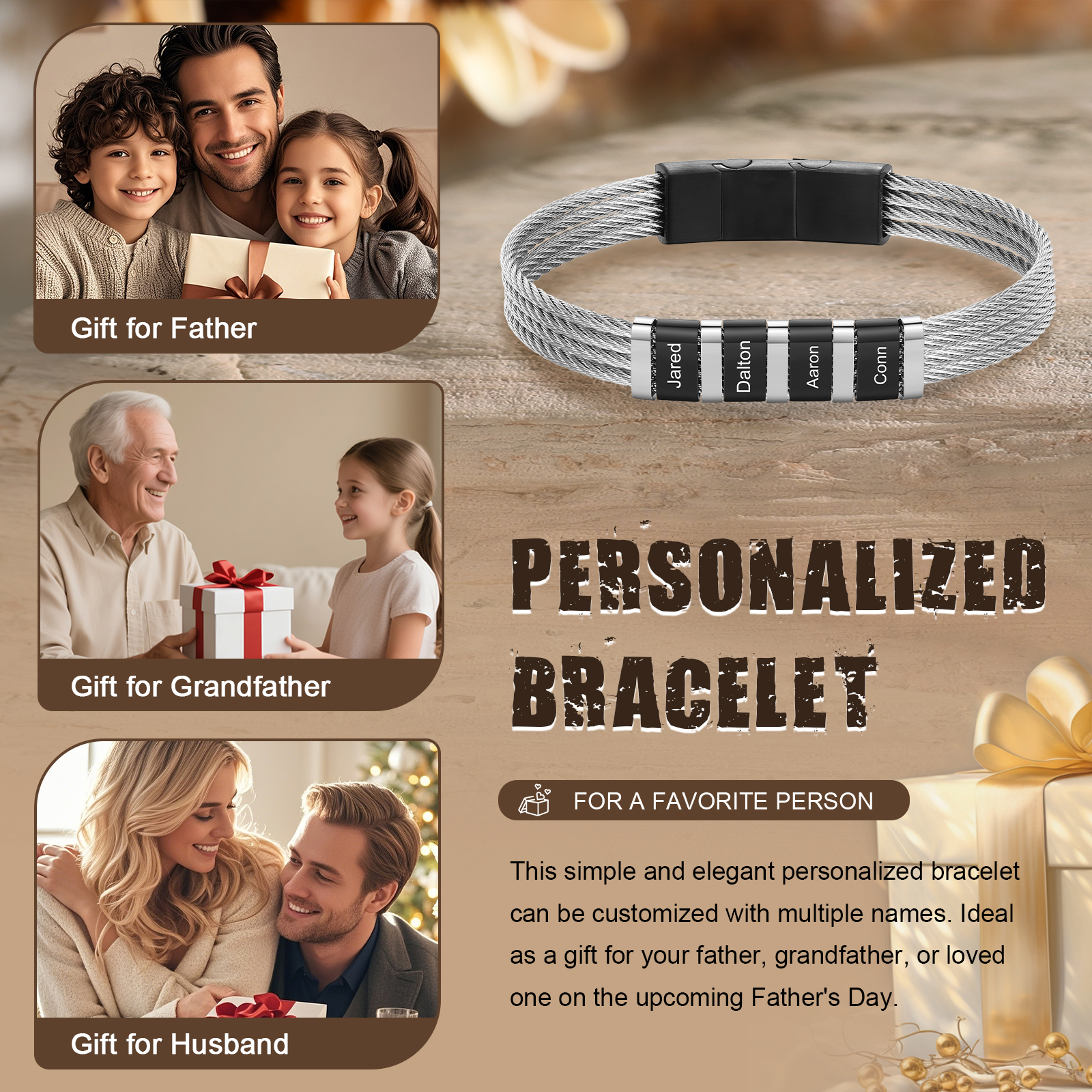 Bracelet Homme  Personnalisé avec Gravure de 4 Prénoms en Acier Inoxydable | Jessemade