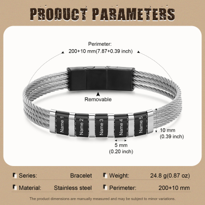 Bracelet Homme  Personnalisé avec Gravure de 5 Prénoms en Acier Inoxydable | Jessemade