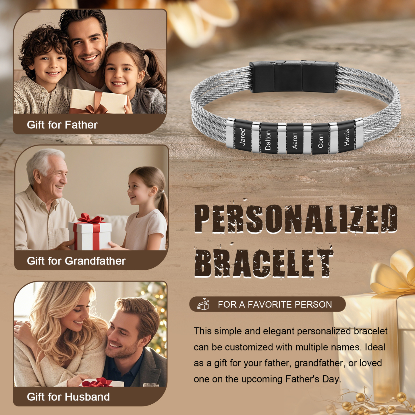 Bracelet Homme  Personnalisé avec Gravure de 5 Prénoms en Acier Inoxydable | Jessemade