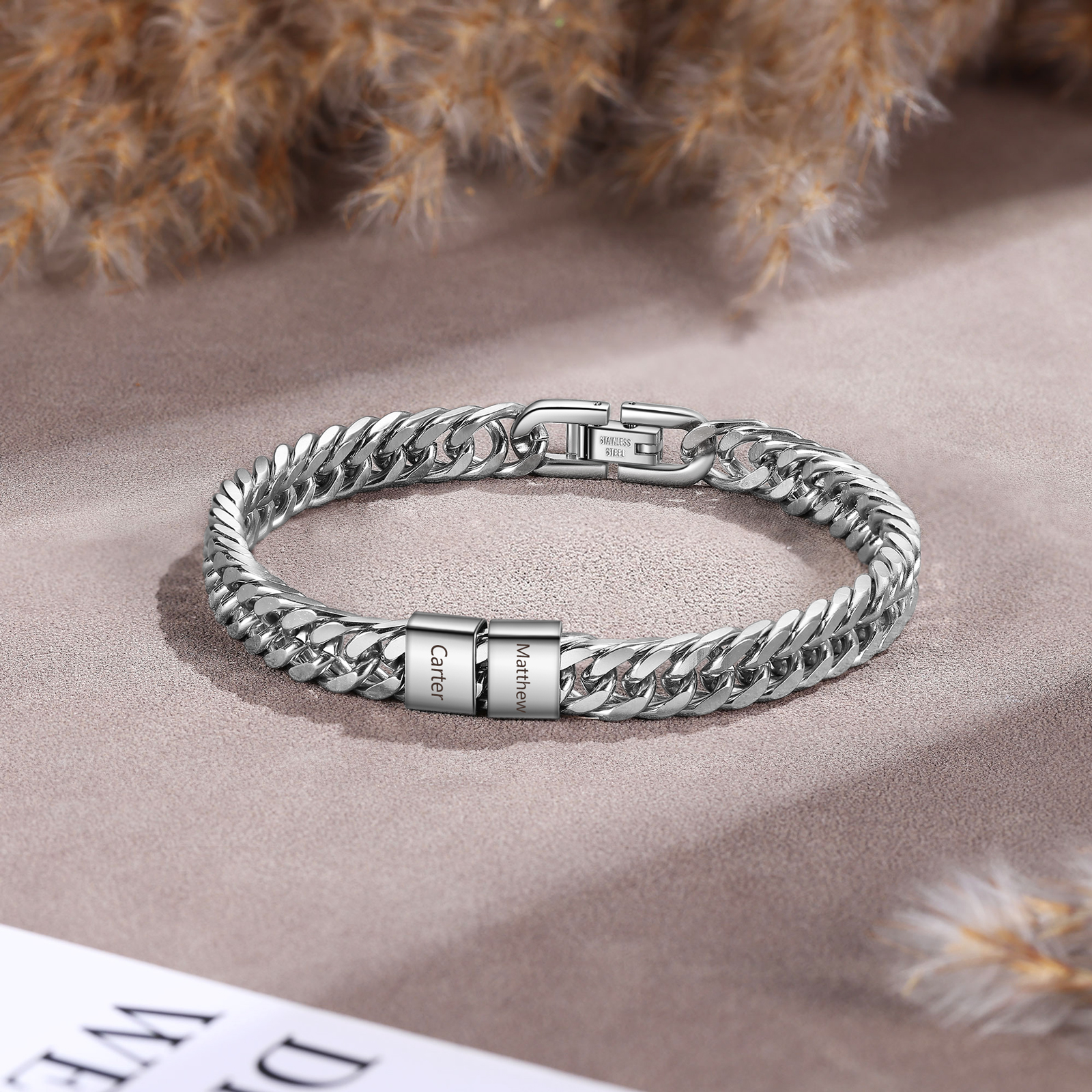 Bracelet Homme en acier inoxydable Personnalisée avec 2 Prénoms Bracelet Personnalisable Argent, Or et Noir | Jessemade