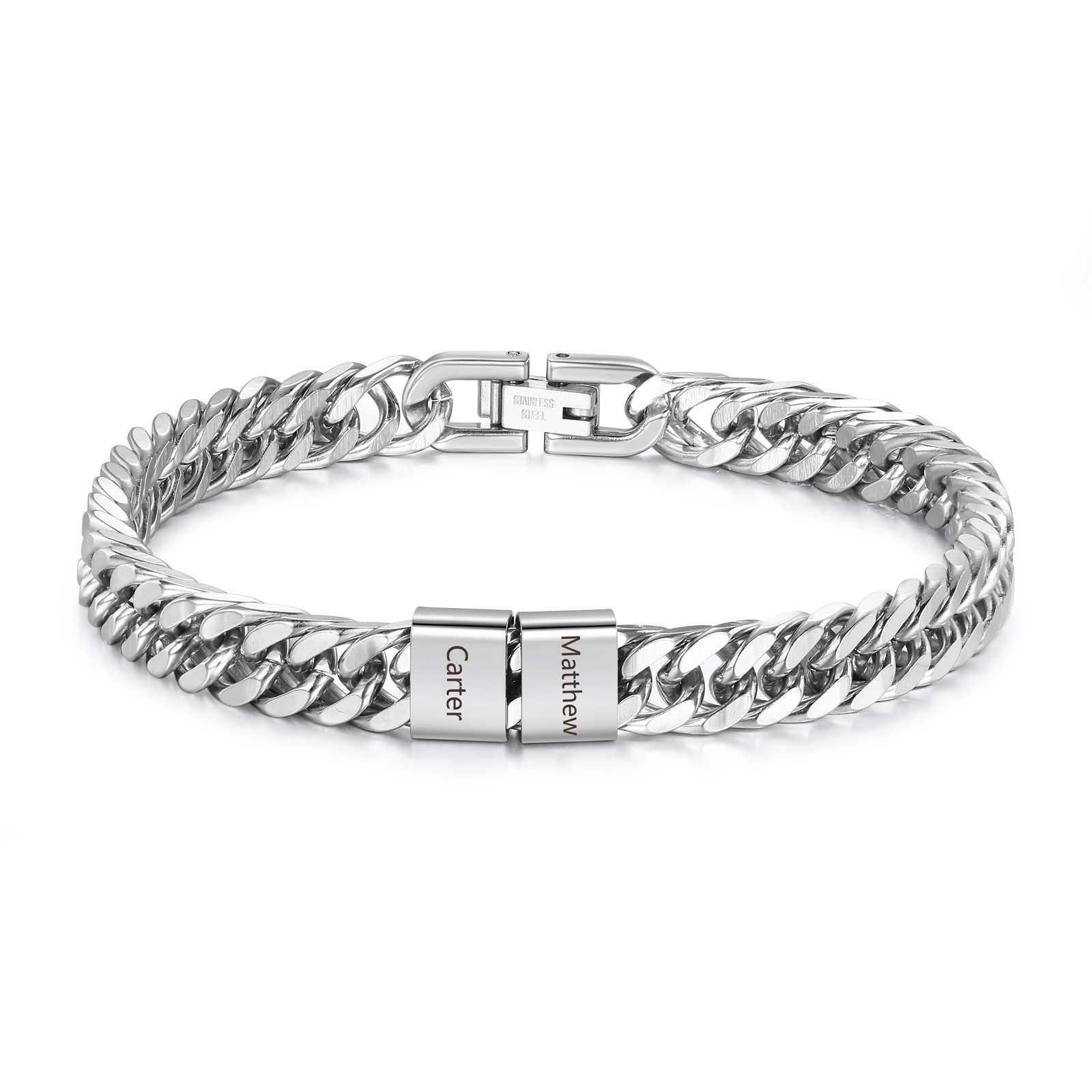 Bracelet Homme en acier inoxydable Personnalisée avec 2 Prénoms Bracelet Personnalisable Argent, Or et Noir | Jessemade