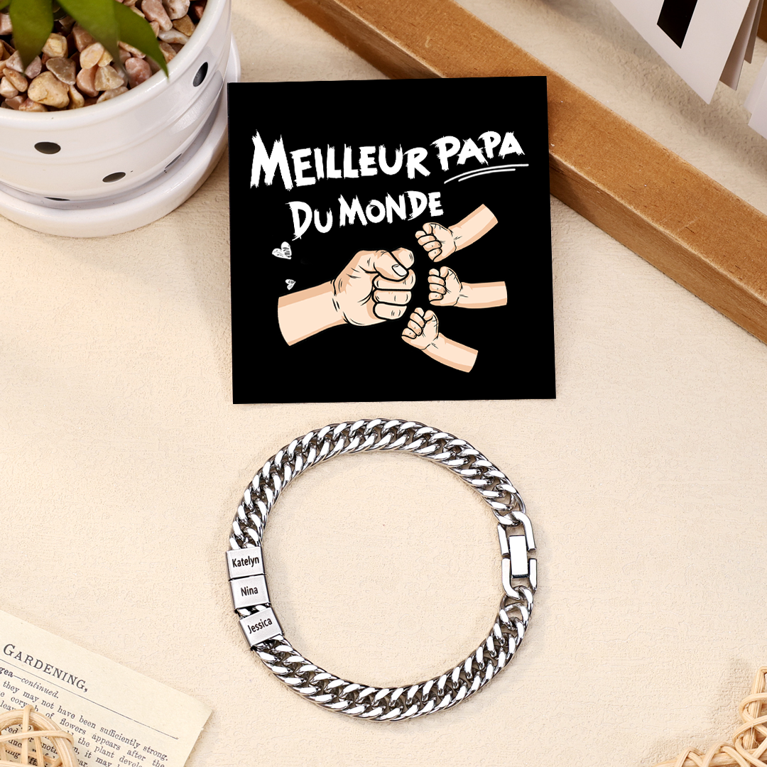 Bracelet Homme en acier inoxydable Personnalisée avec 3 Prénoms Bracelet Personnalisable Argent | Cadeau Fête des Pères | Jessemade