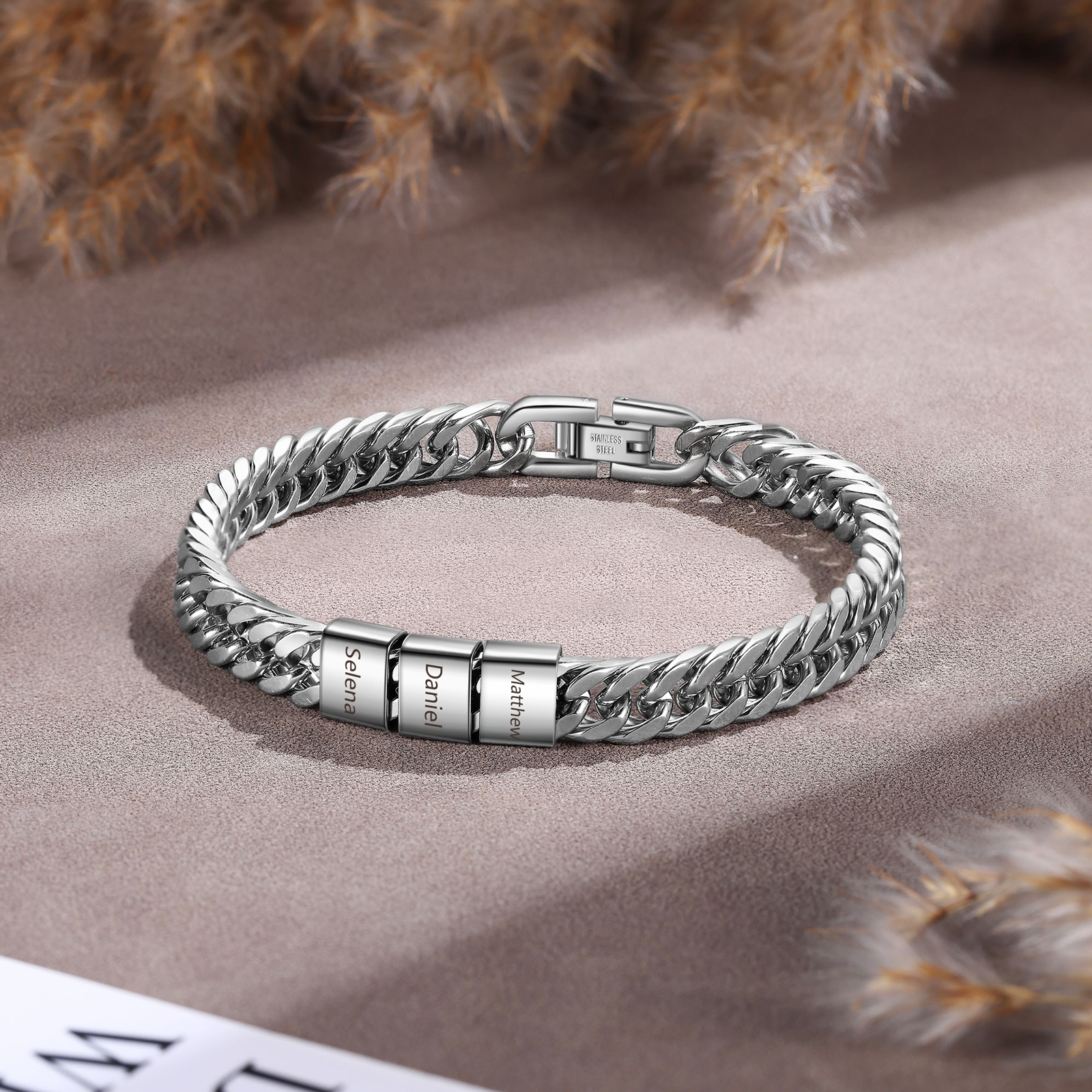 Bracelet Homme en acier inoxydable Personnalisée avec 3 Prénoms Bracelet Personnalisable Argent | Jessemade
