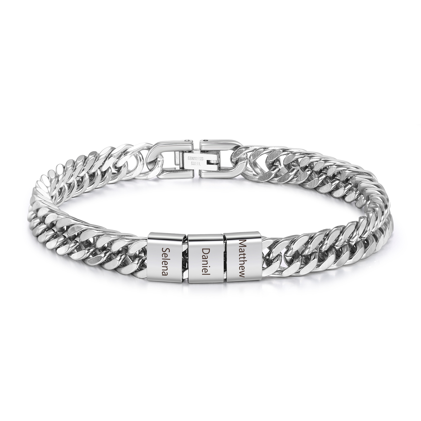 Bracelet Homme en acier inoxydable Personnalisée avec 3 Prénoms Bracelet Personnalisable Argent | Jessemade