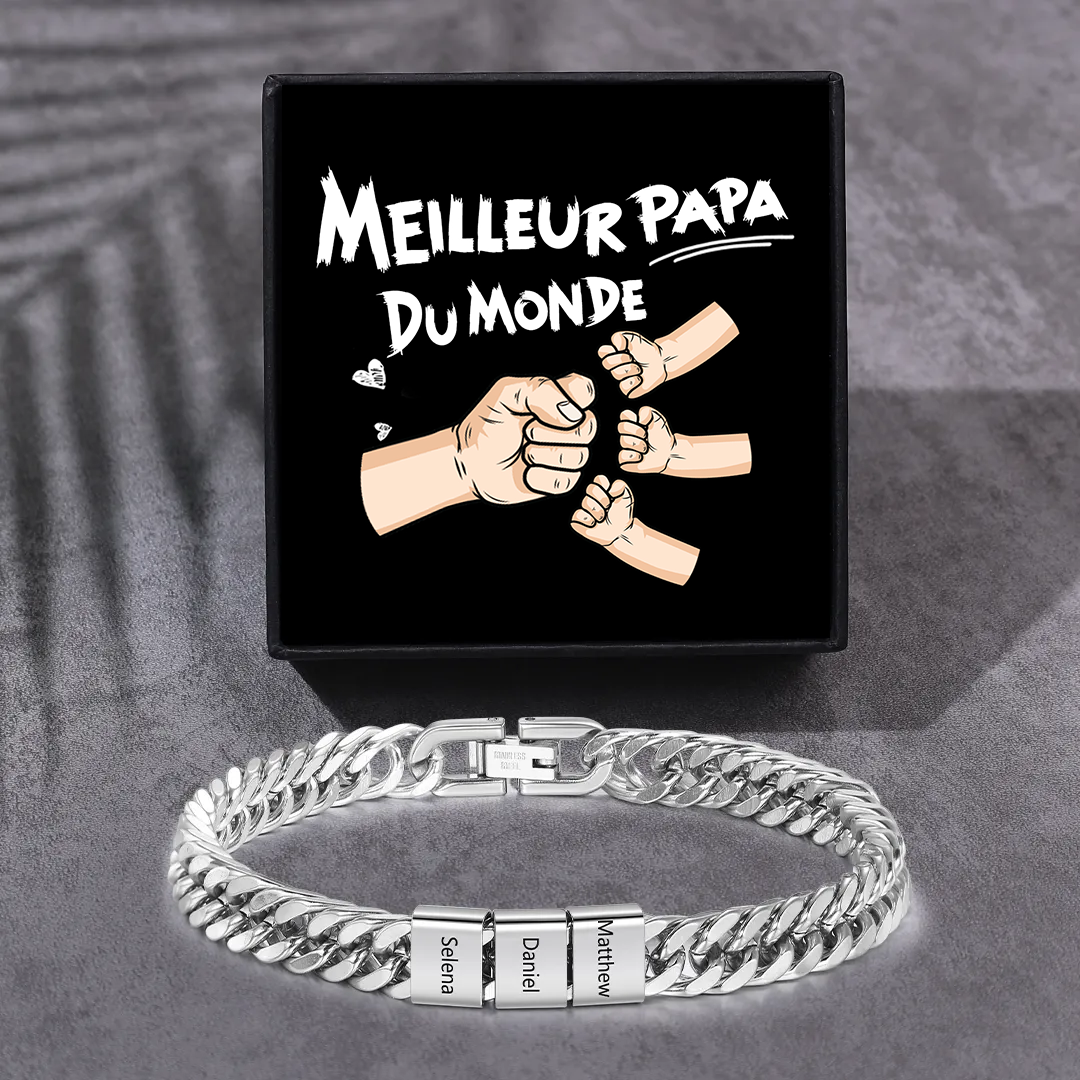 Bracelet Homme en acier inoxydable Personnalisée avec 3 Prénoms Bracelet Personnalisable Argent | Cadeau Fête des Pères | Jessemade