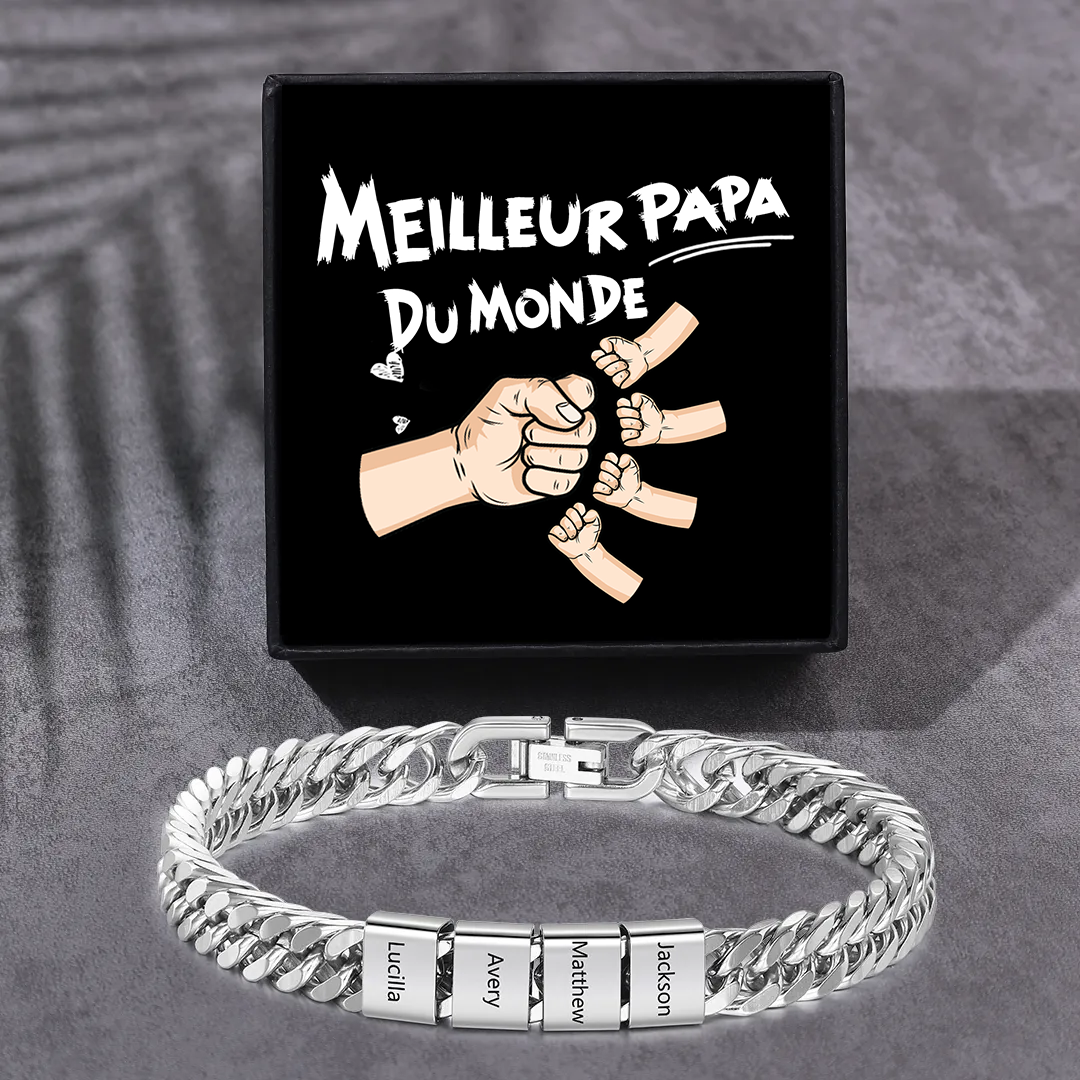 Bracelet Homme en acier inoxydable Personnalisée avec 4 Prénoms Bracelet Personnalisable Argent | Jessemade