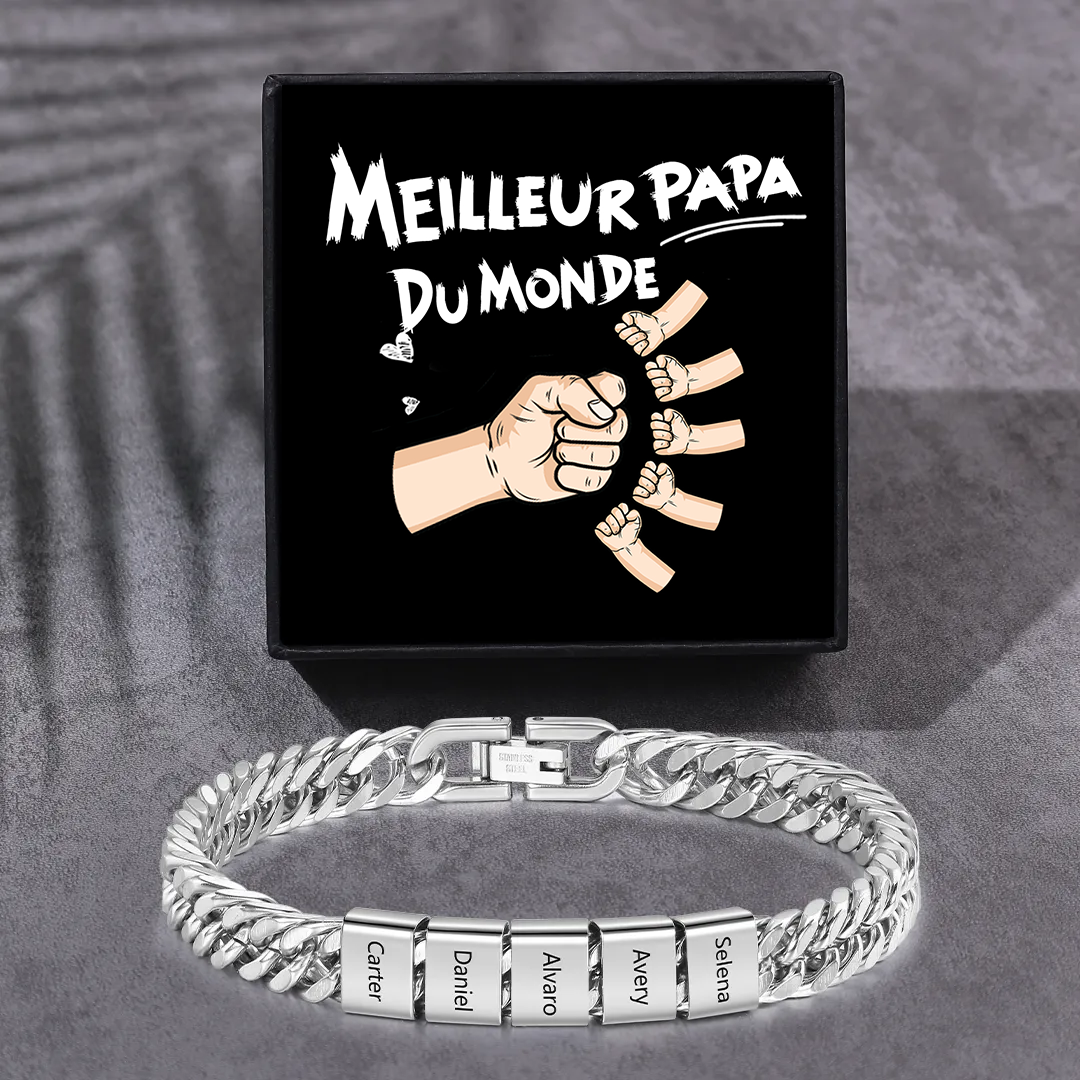 Bracelet Homme en acier inoxydable Personnalisée avec 5 Prénoms Bracelet Personnalisable Argent | Jessemade