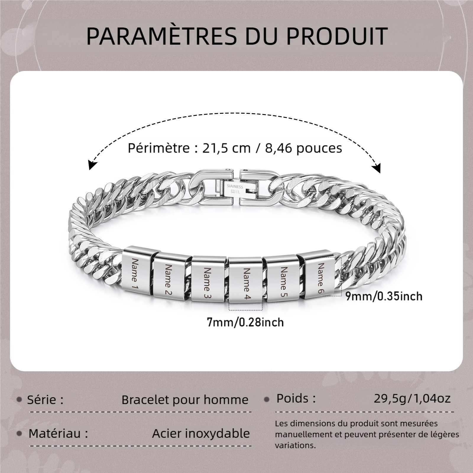 Bracelet Homme en acier inoxydable Personnalisée avec 2-6 Prénoms Bracelet Personnalisable Argent/Or/Noir | Jessemade