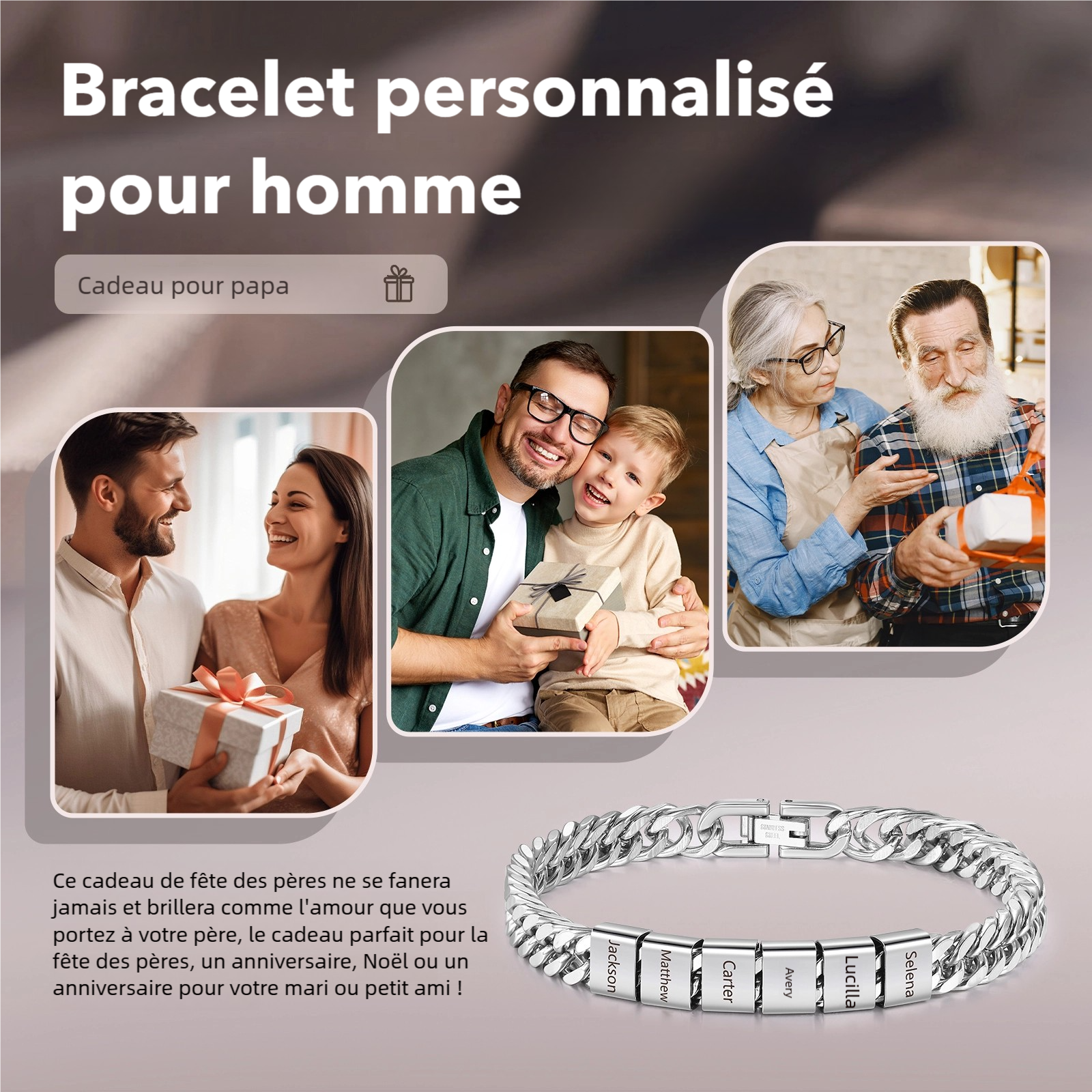 Bracelet Homme en acier inoxydable Personnalisée avec 2-6 Prénoms Bracelet Personnalisable Argent/Or/Noir | Jessemade