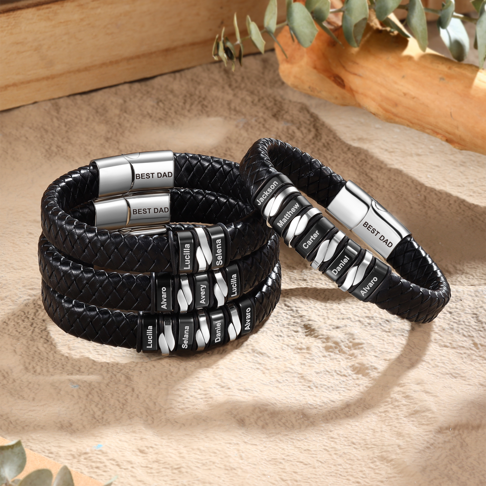 Bracelet Homme personnalisé cuir avec 6 Prénoms gravés et 1 Texte - Cadeau Pour Homme | Jessemade