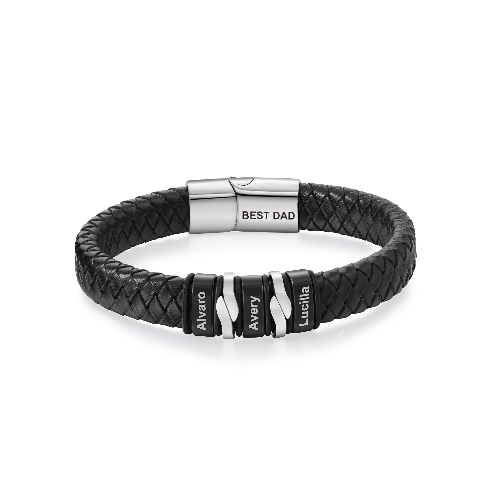 Bracelet Homme personnalisé cuir avec 3 Prénoms gravés et 1 Texte - Cadeau Pour Homme| Jessemade