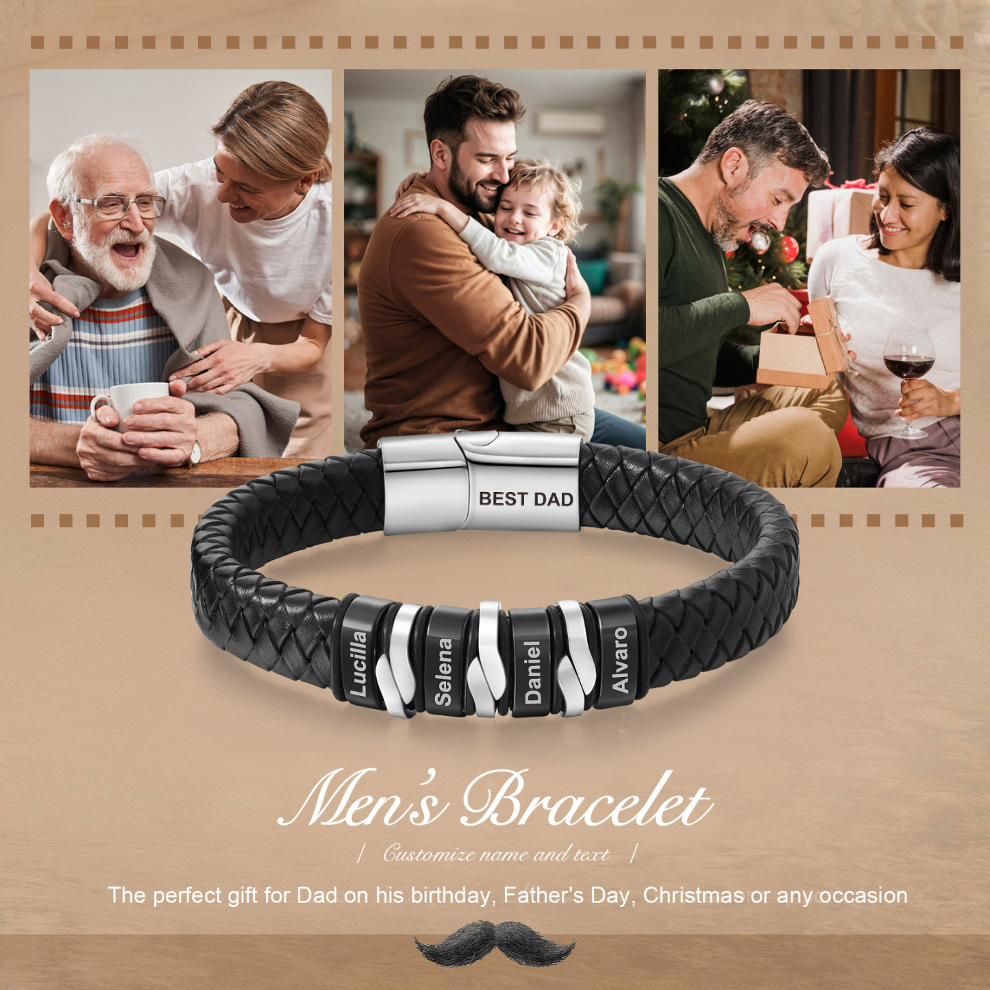 Bracelet Homme personnalisé cuir avec 4 Prénoms gravés et 1 Texte - Cadeau Pour Homme | Jessemade