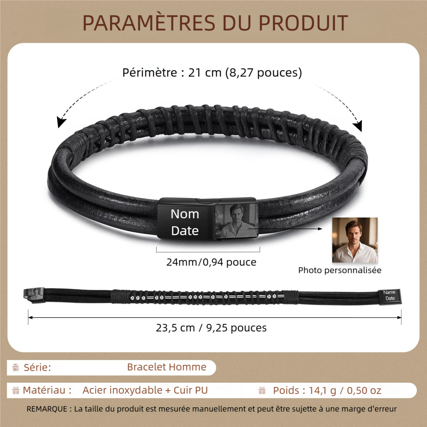 Bracelet cuir noir homme code Morse personnalisé
