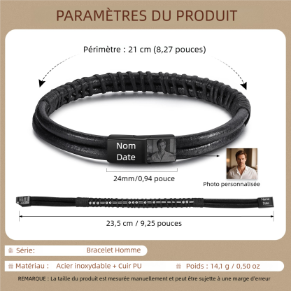 Bracelet cuir noir homme code Morse personnalisé
