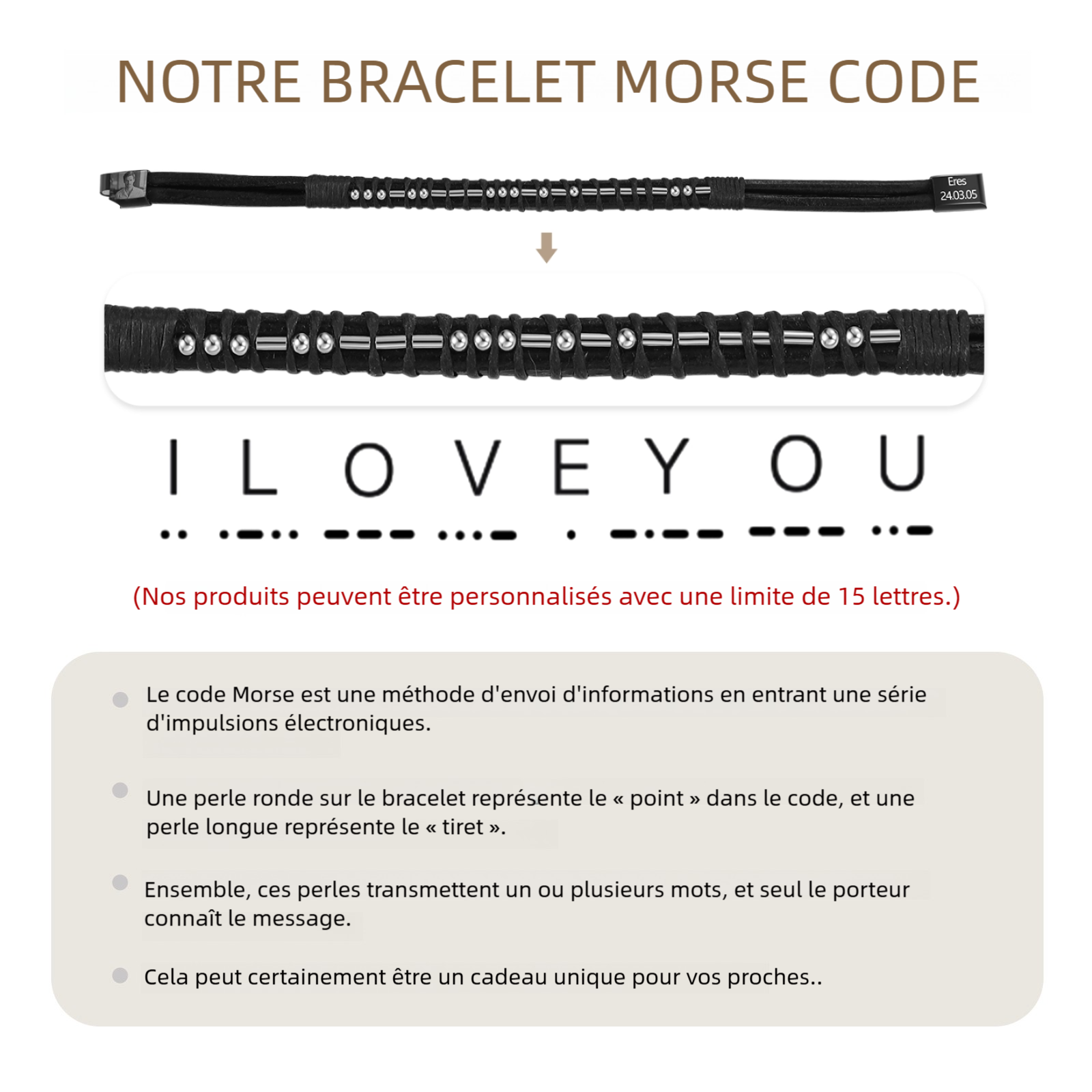 Bracelet cuir noir homme code Morse personnalisé