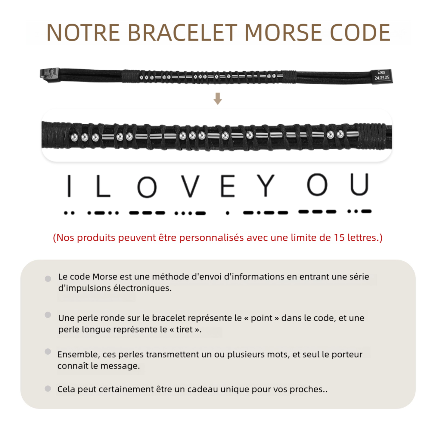 Bracelet cuir noir homme code Morse personnalisé