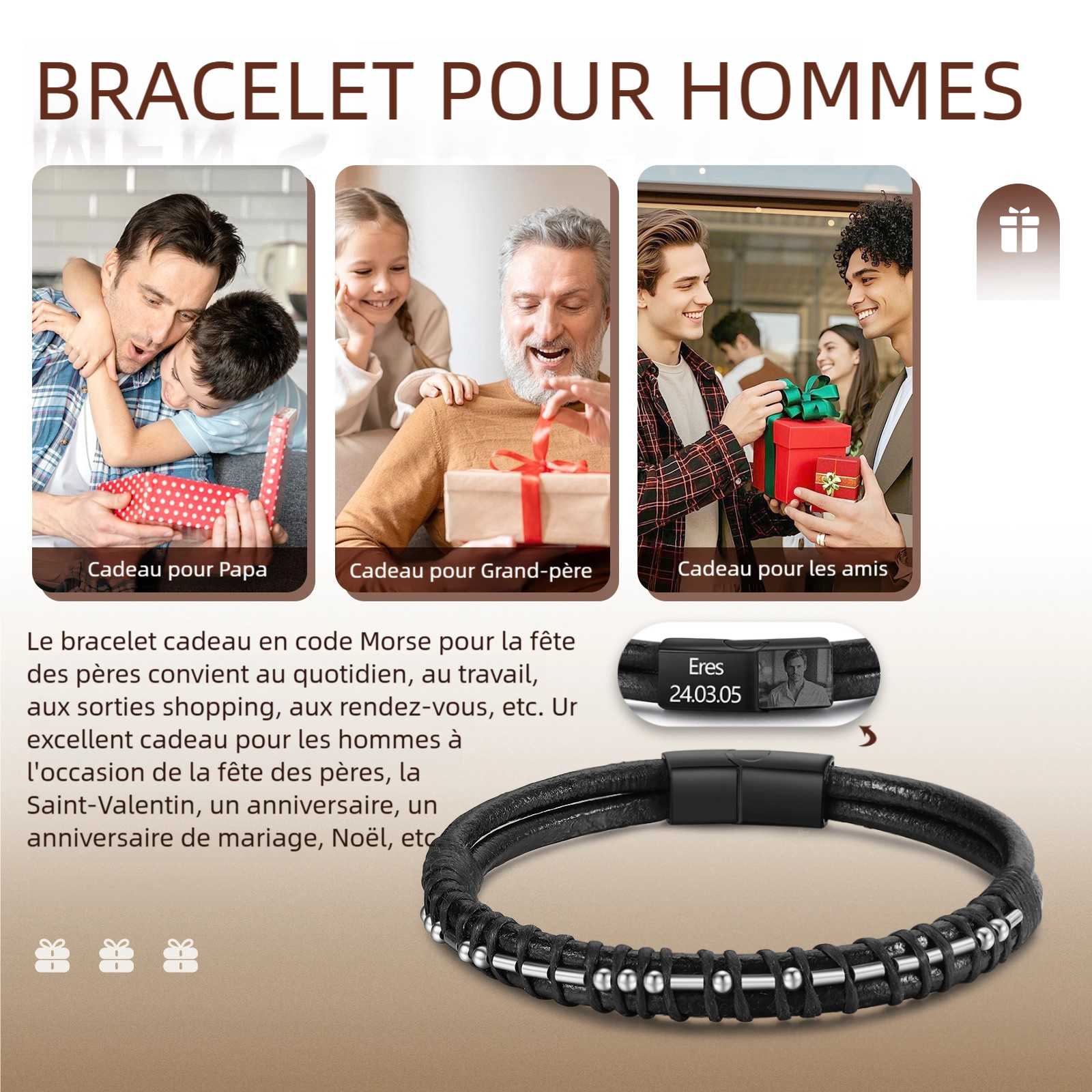 Bracelet cuir noir homme code Morse personnalisé