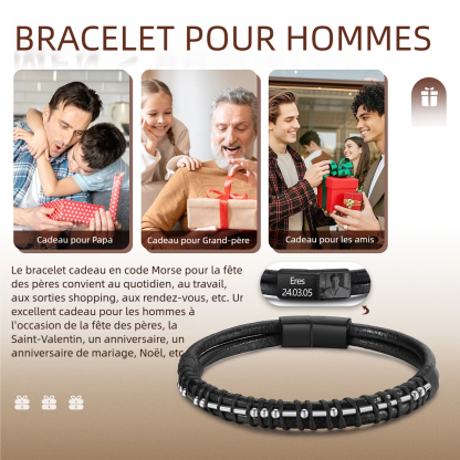 Bracelet cuir noir homme code Morse personnalisé