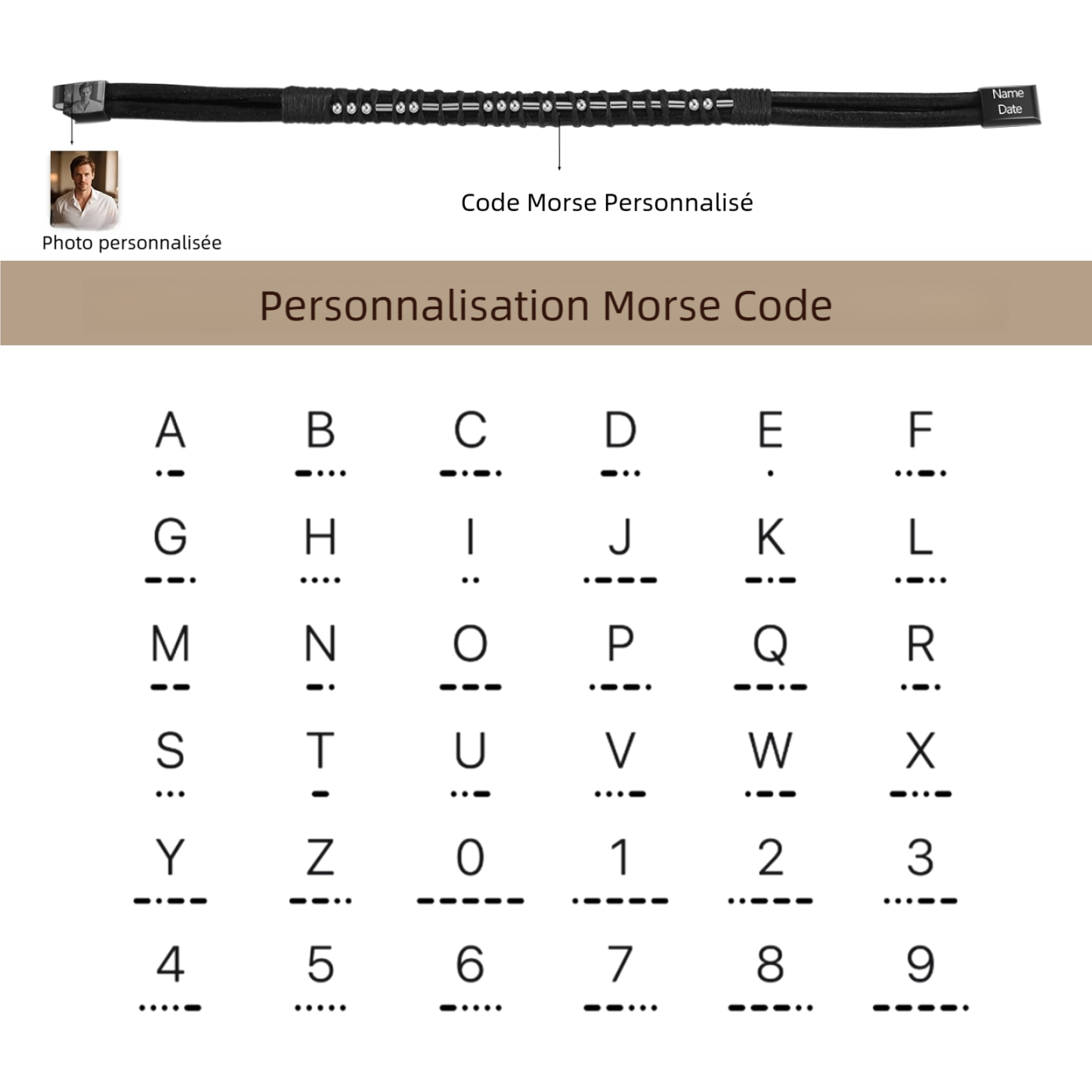 Bracelet cuir noir homme code Morse personnalisé