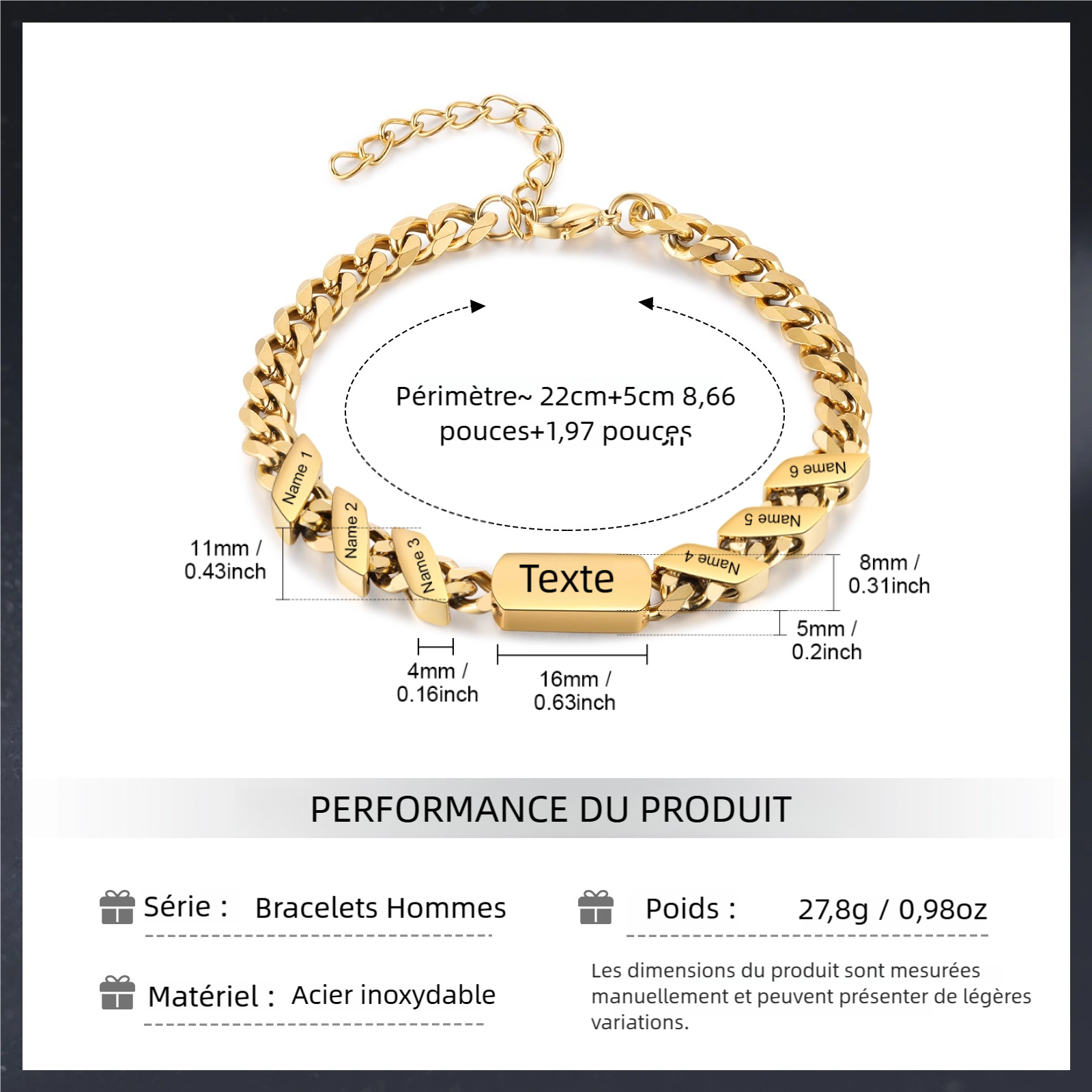 Bracelet Cubain Personnalisé en Acier Inoxydable 1-6 Prénoms Personnalisés et Texte Bracelets pour Homme｜Jessemade