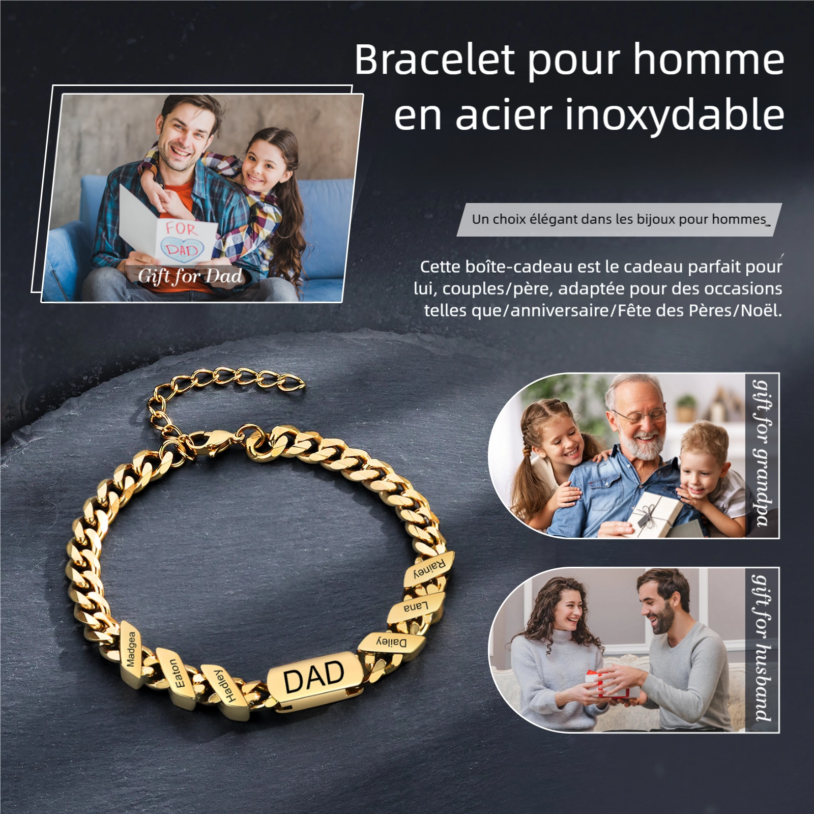 Bracelet Cubain Personnalisé en Acier Inoxydable 1-6 Prénoms Personnalisés et Texte Bracelets pour Homme｜Jessemade