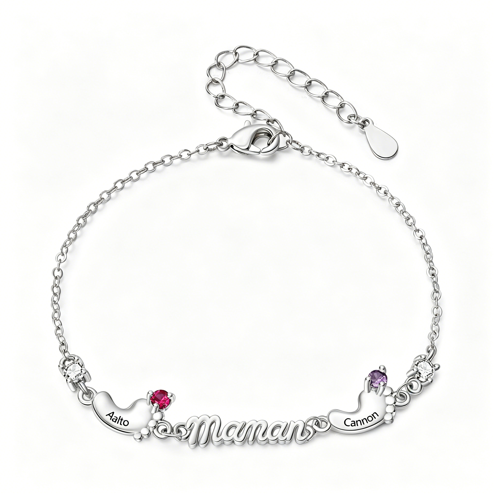 Bracelet Personnalisé pour Maman avec 2 à 5 Prénoms, Pieds et Pierres de naissance