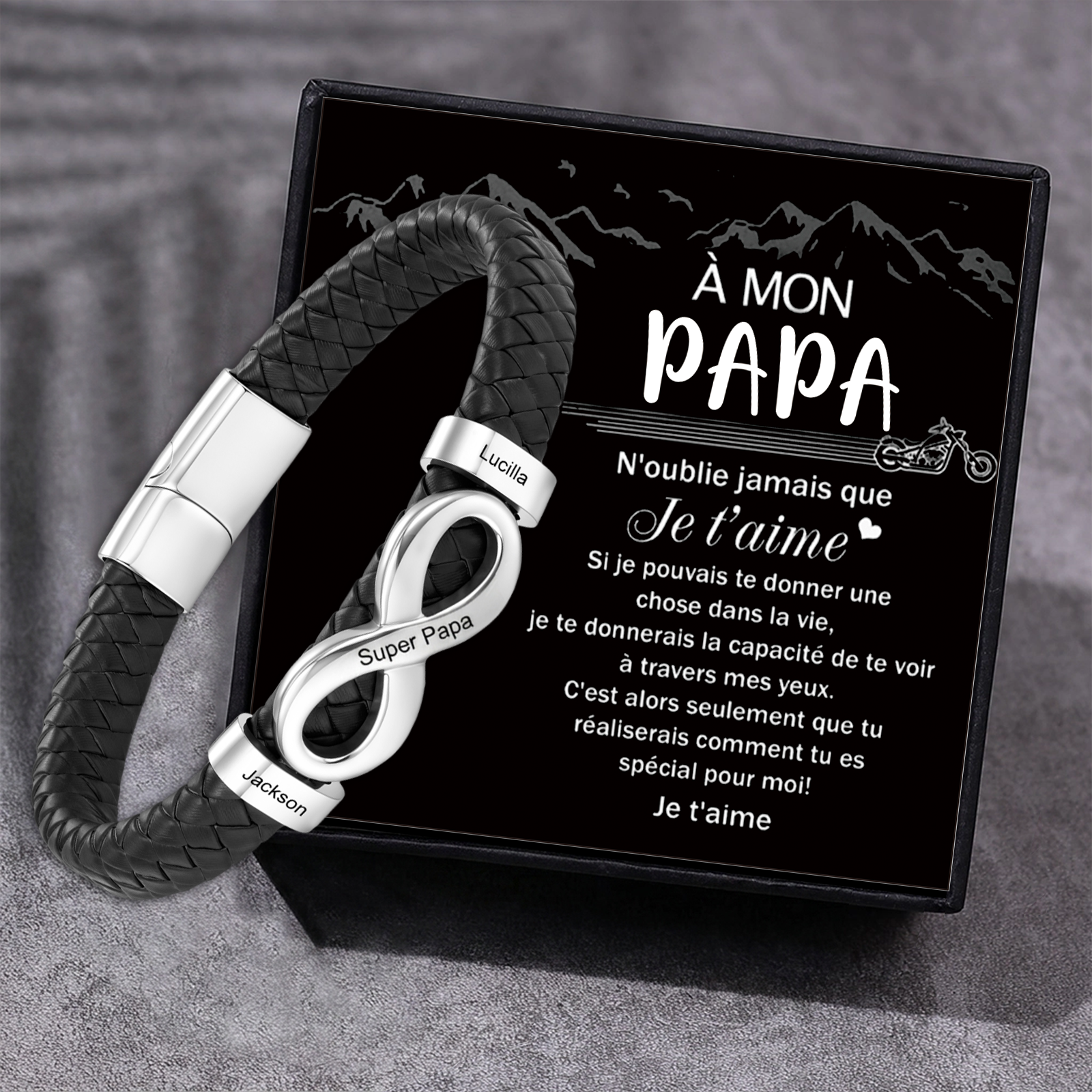 Bracelet en cuir Personnalisé pour Homme avec Symbole de l’Infini et 2 à 6 Prénoms