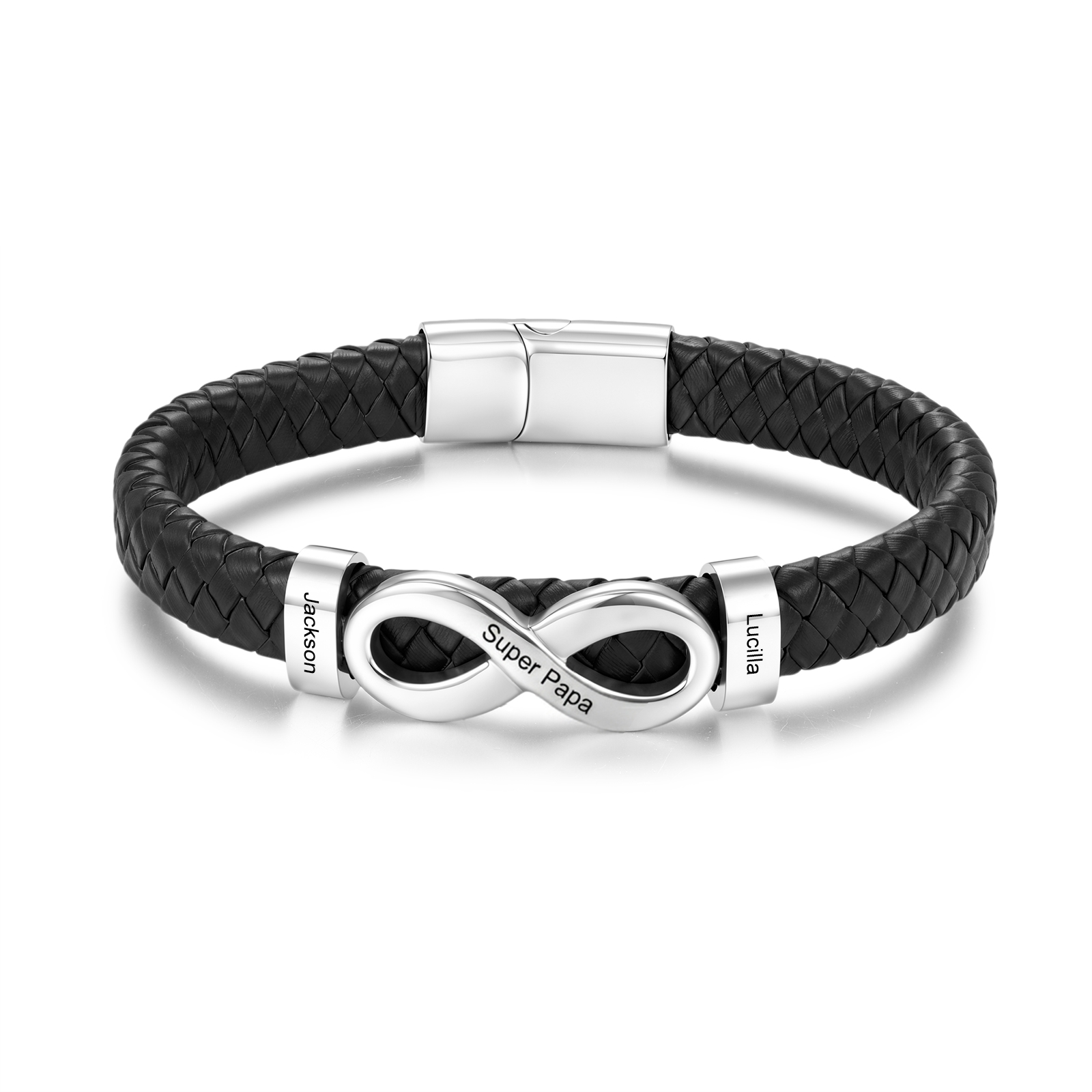 Bracelet en cuir personnalisé pour homme avec symbole de l’infini et 2 à 6 prénoms – cadeau personnalisé pour papa, petit ami ou mari, cadeau pour la fête des Pères ou un anniversaire